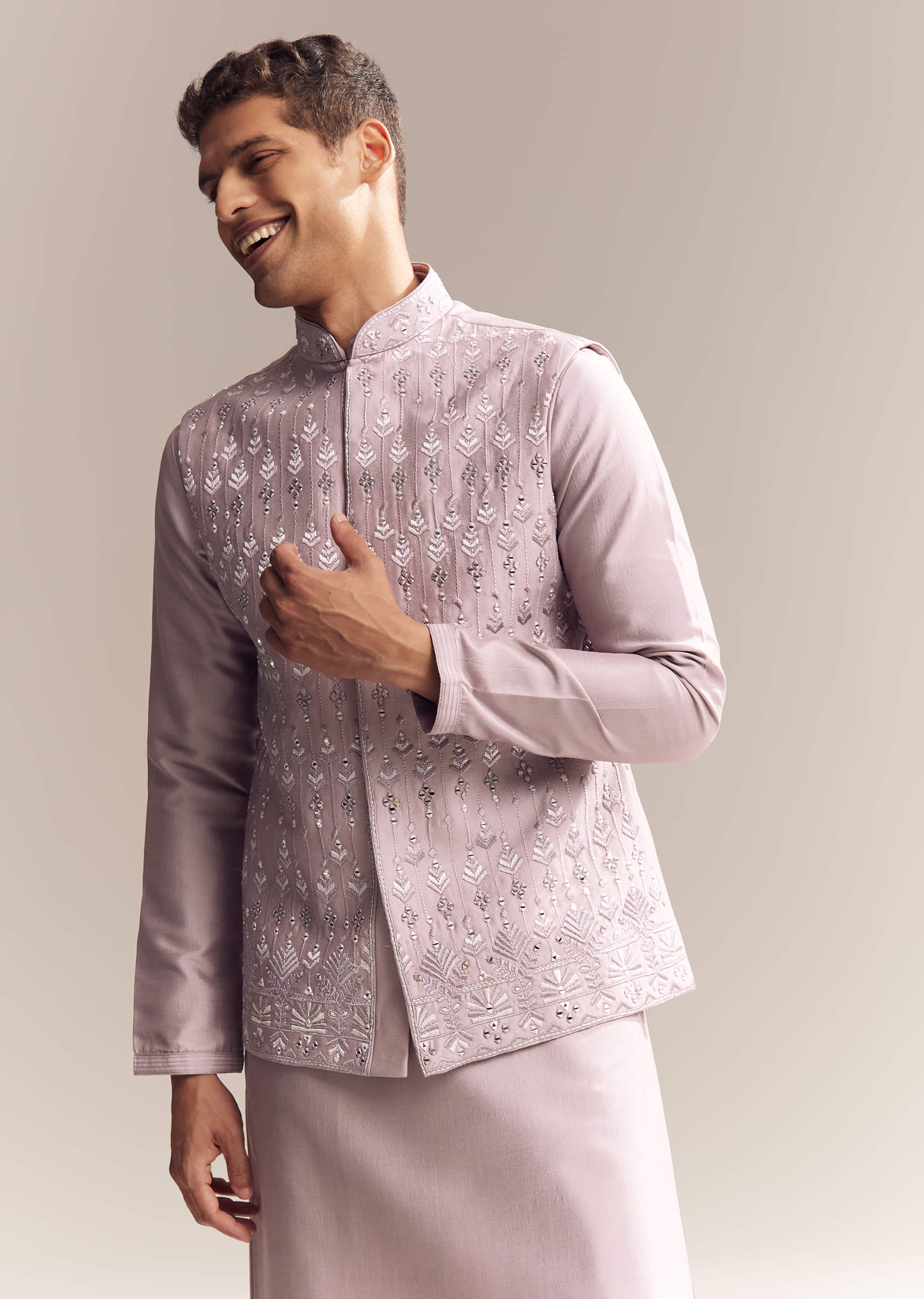 Purple Silk Kurta Jacket Set For Men With Mirror Embroidery - Image 4