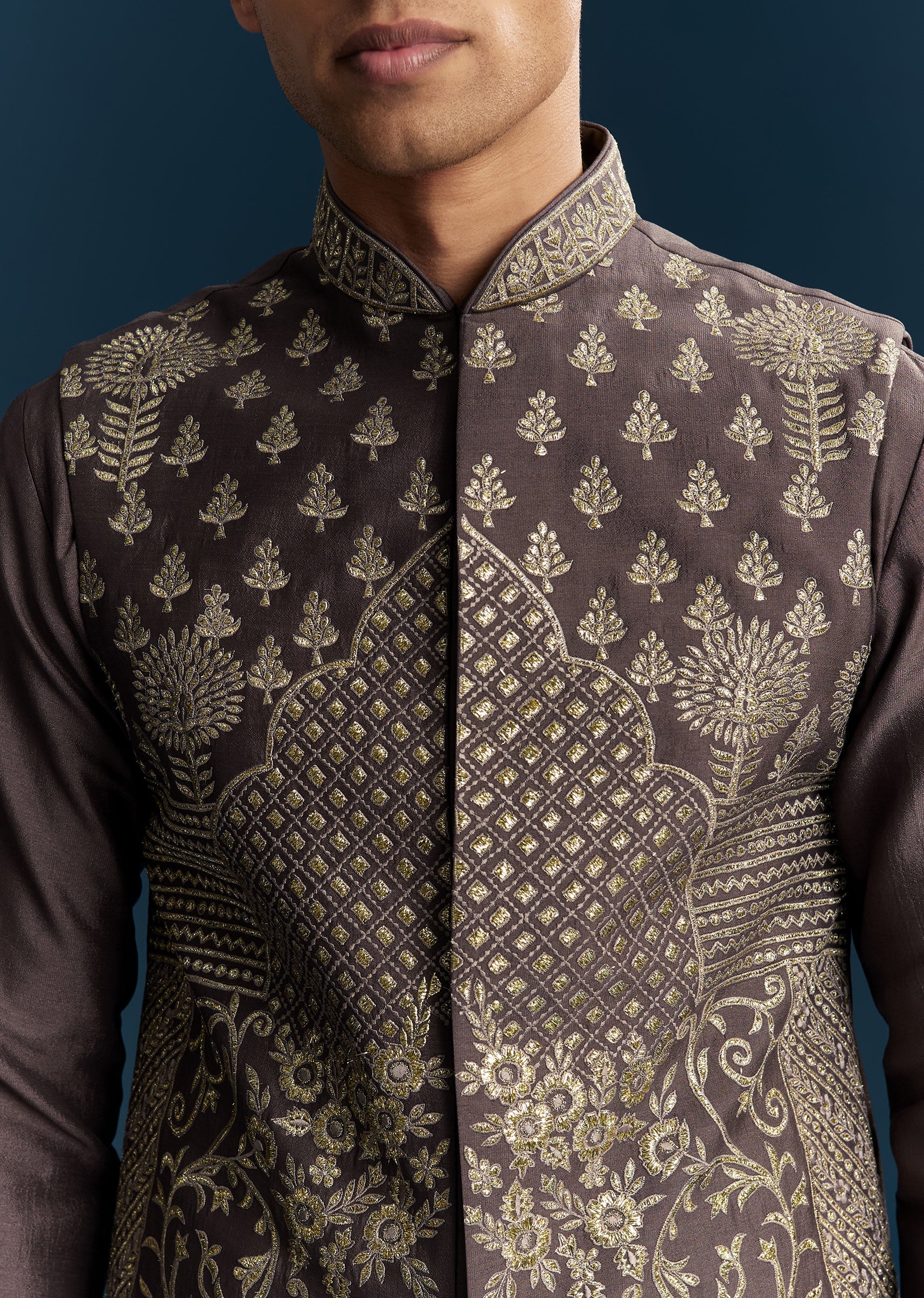 Purple Silk Kurta Jacket Set With Thread Detail Work - Image 2