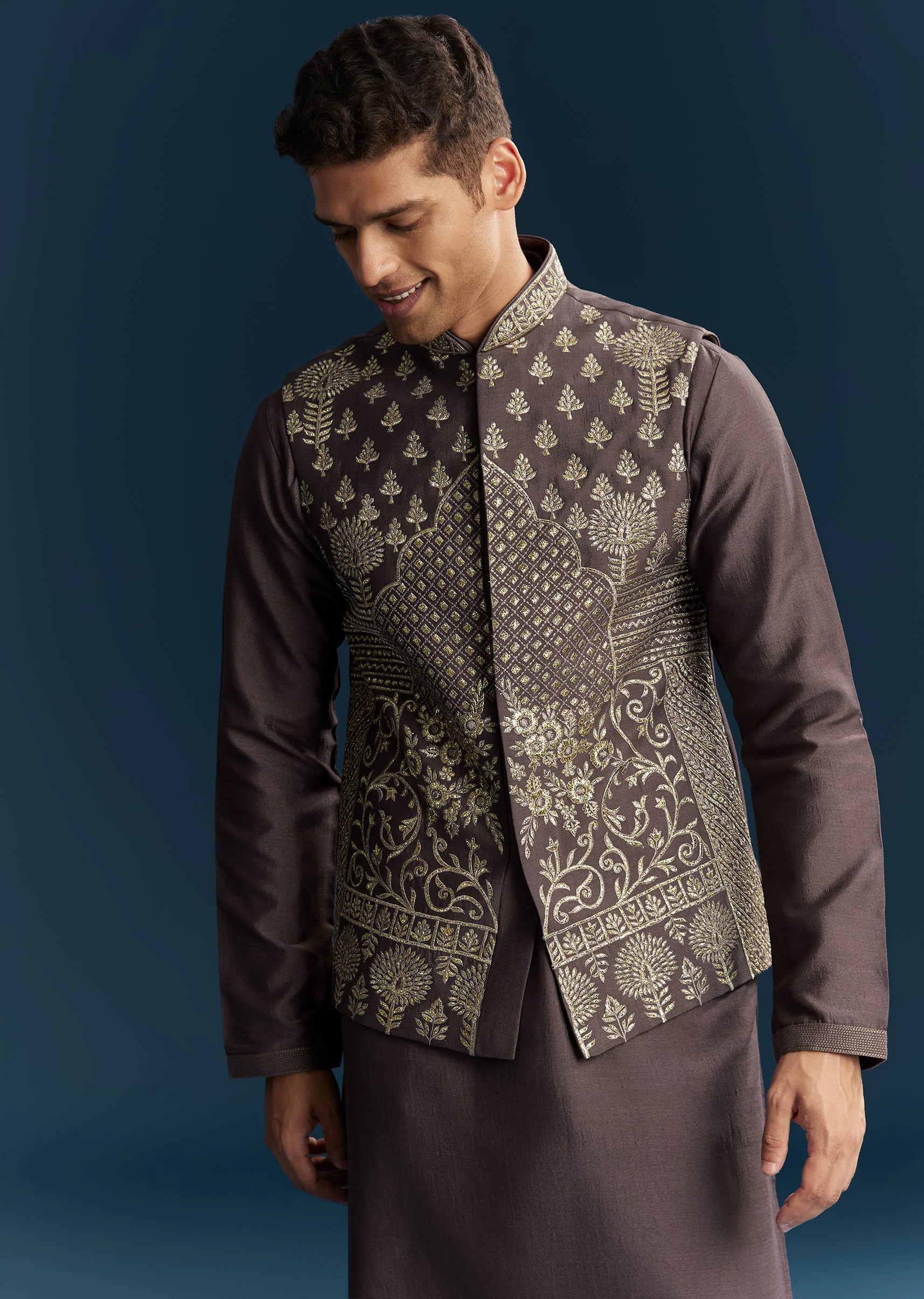 Purple Silk Kurta Jacket Set With Thread Detail Work - Image 4