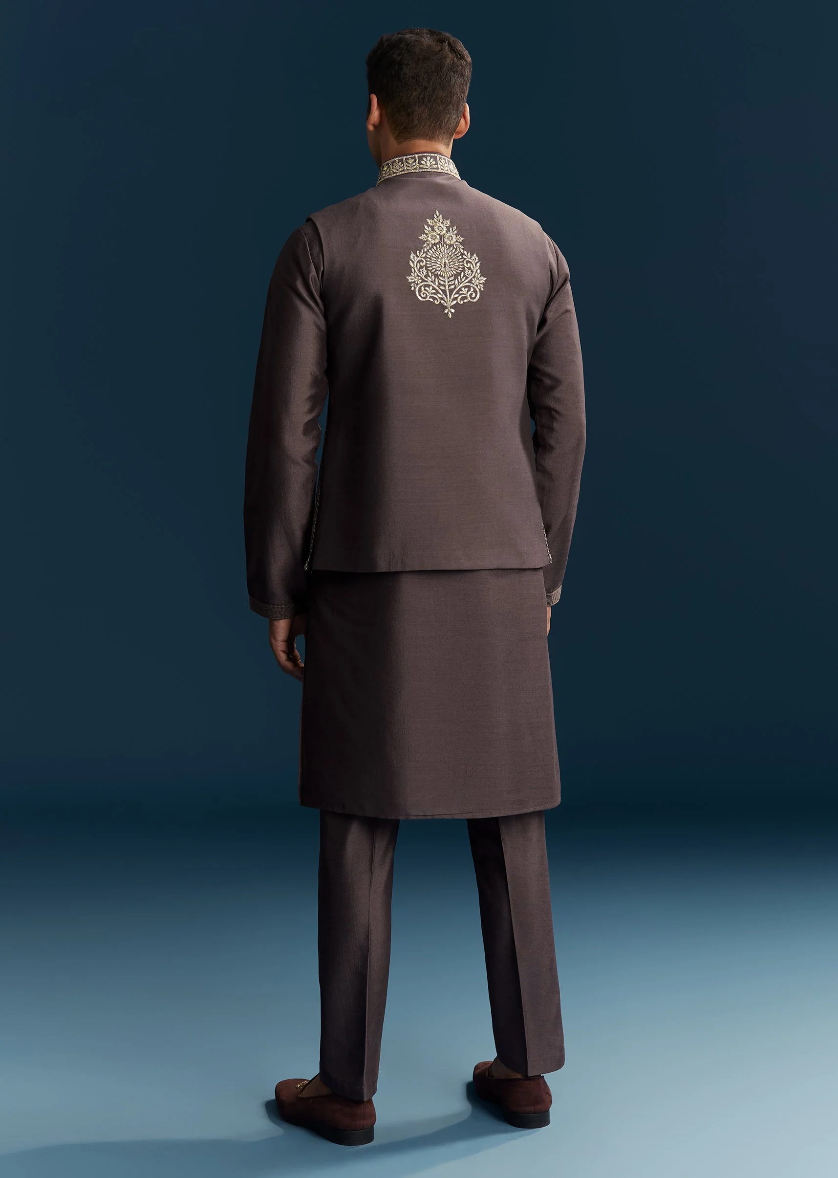 Purple Silk Kurta Jacket Set With Thread Detail Work - Image 5