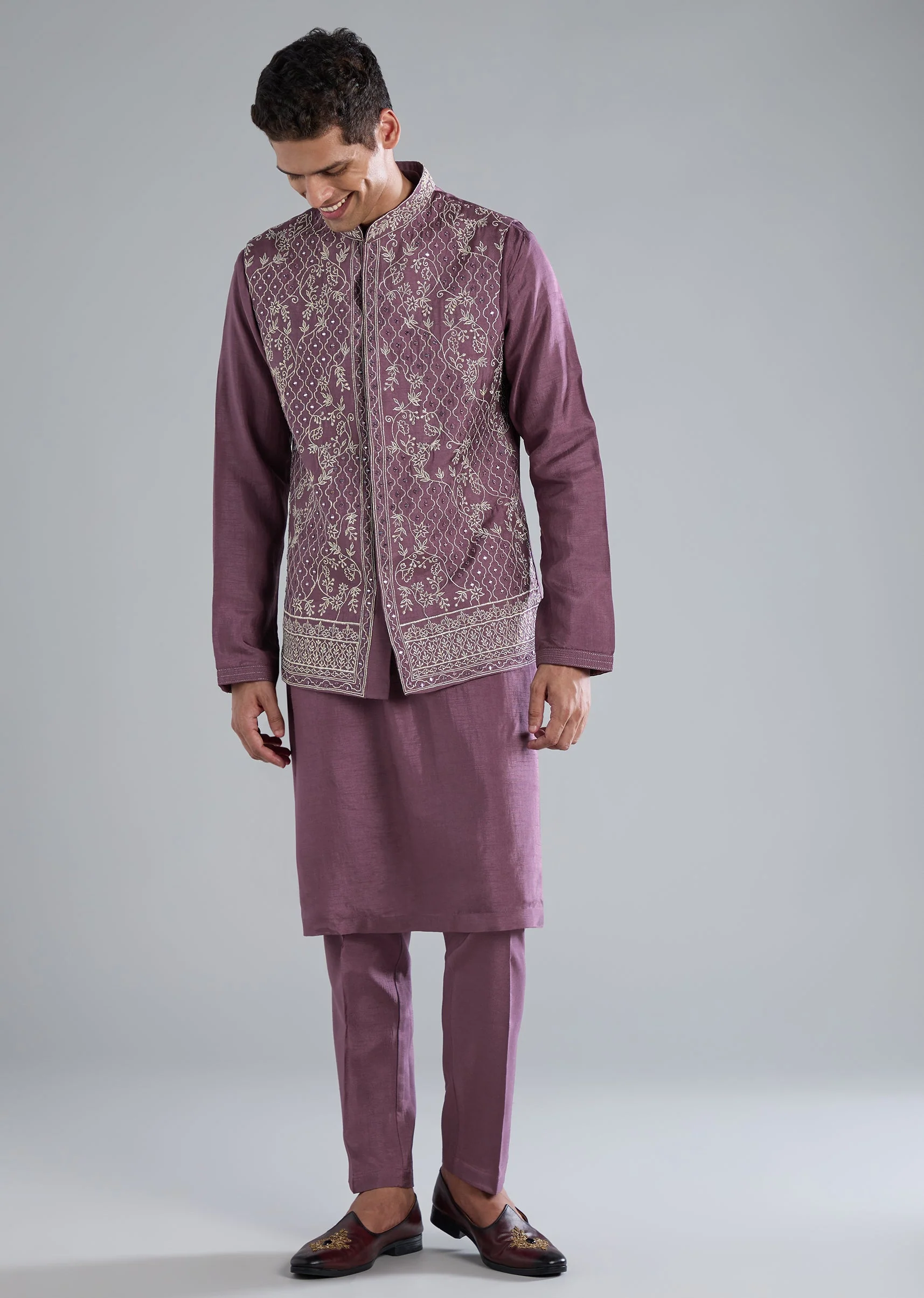 Purple Silk Kurta Jacket Set With Zari Mirror Work