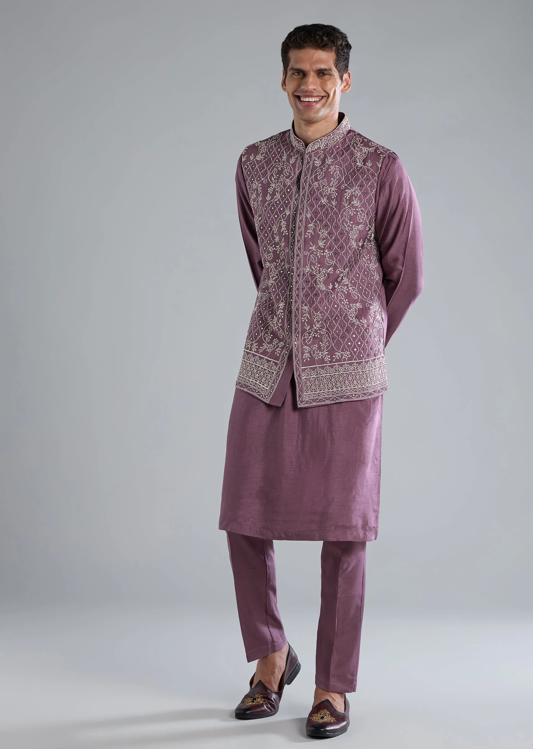 Purple Silk Kurta Jacket Set With Zari Mirror Work - Image 3