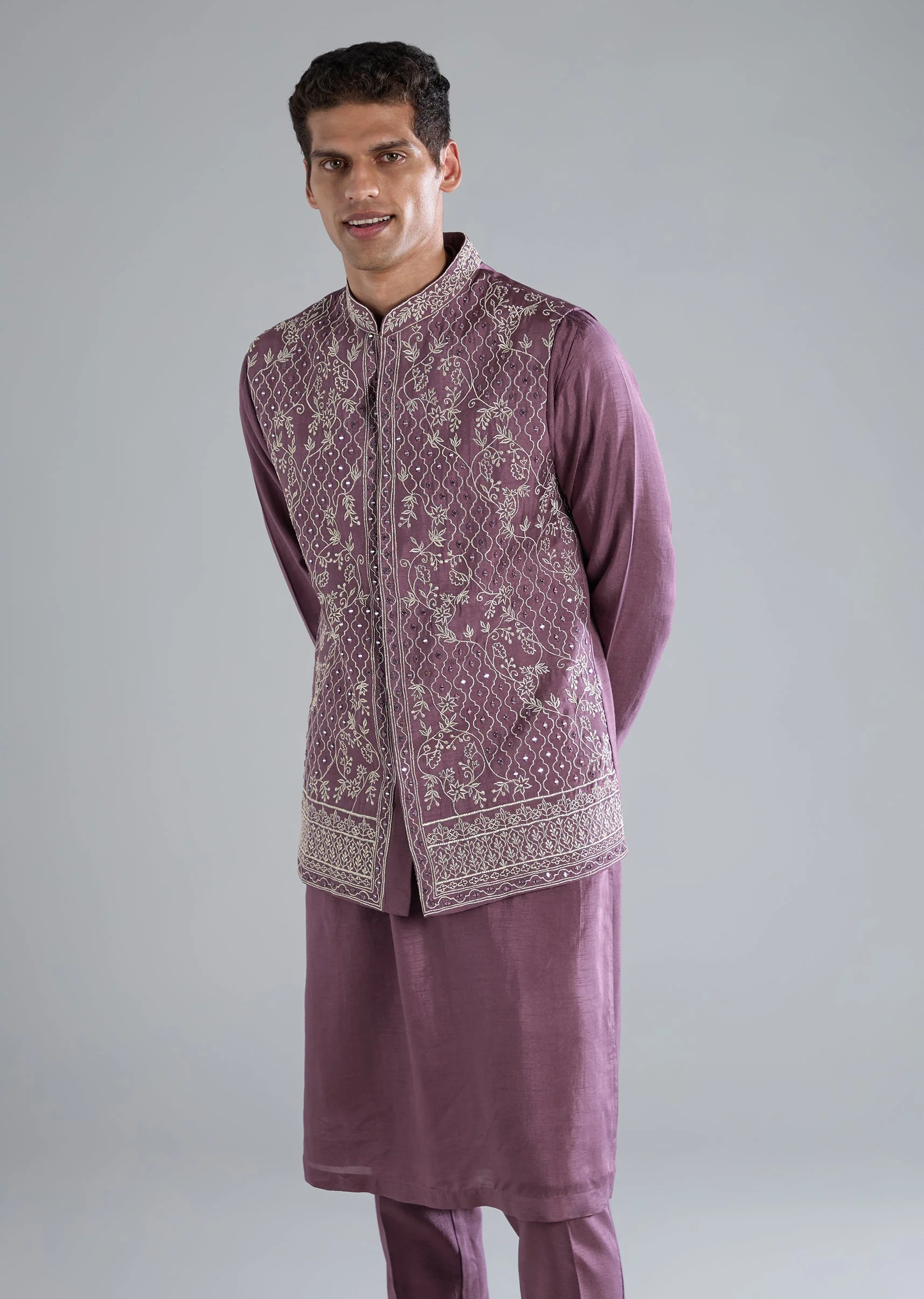 Purple Silk Kurta Jacket Set With Zari Mirror Work - Image 4