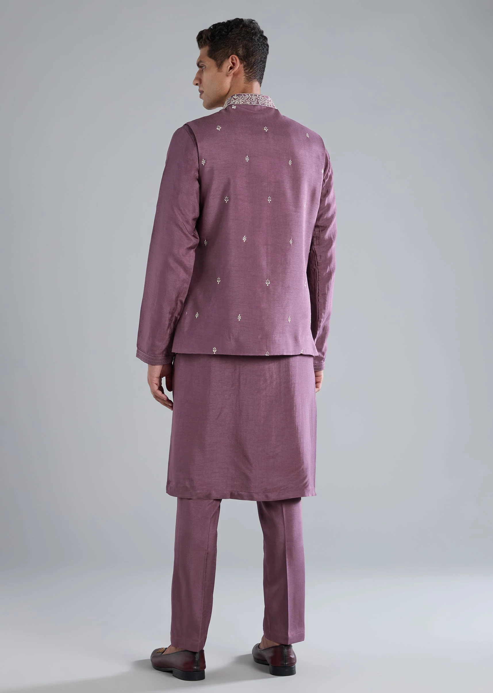 Purple Silk Kurta Jacket Set With Zari Mirror Work - Image 5