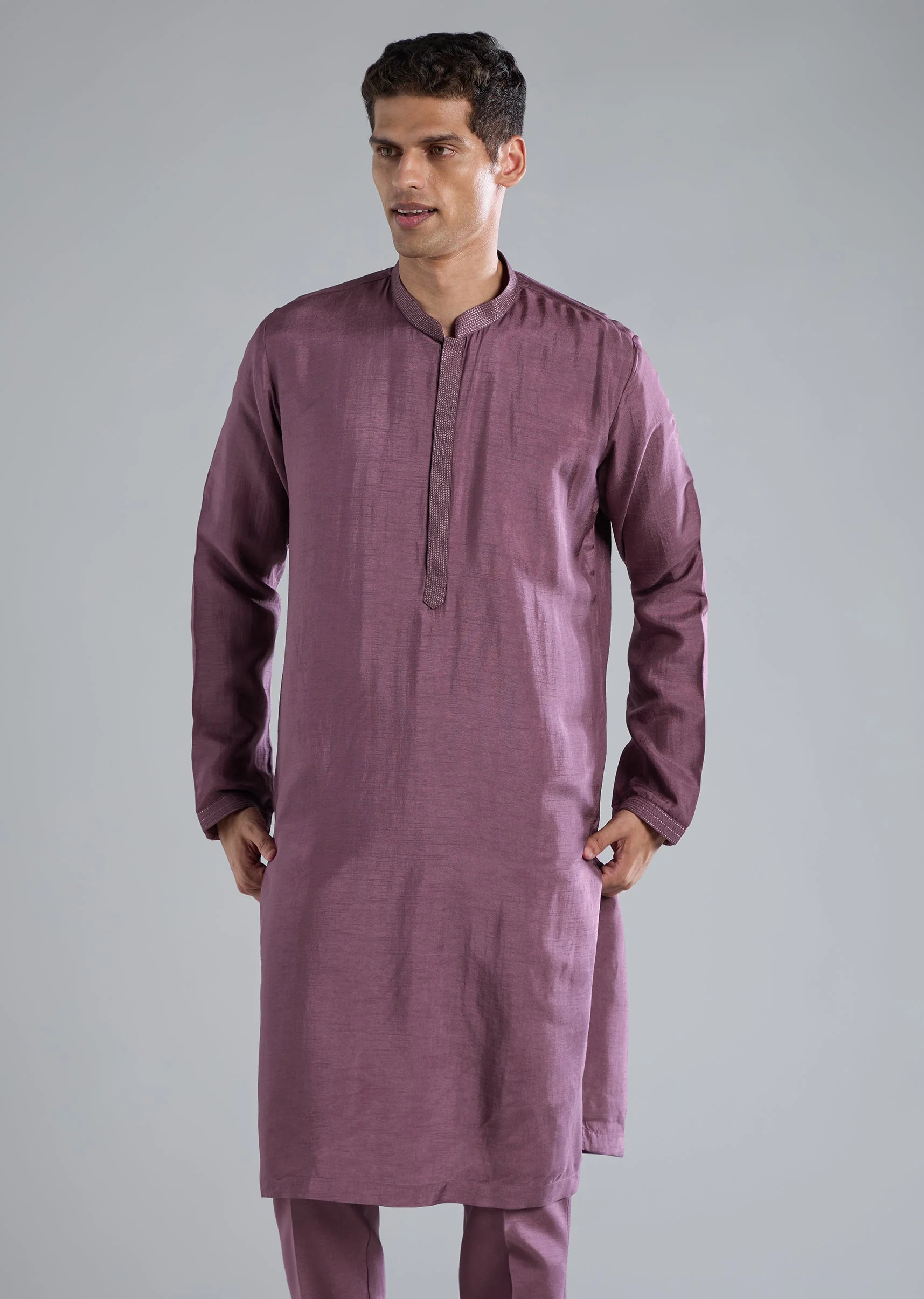 Purple Silk Kurta Jacket Set With Zari Mirror Work - Image 6