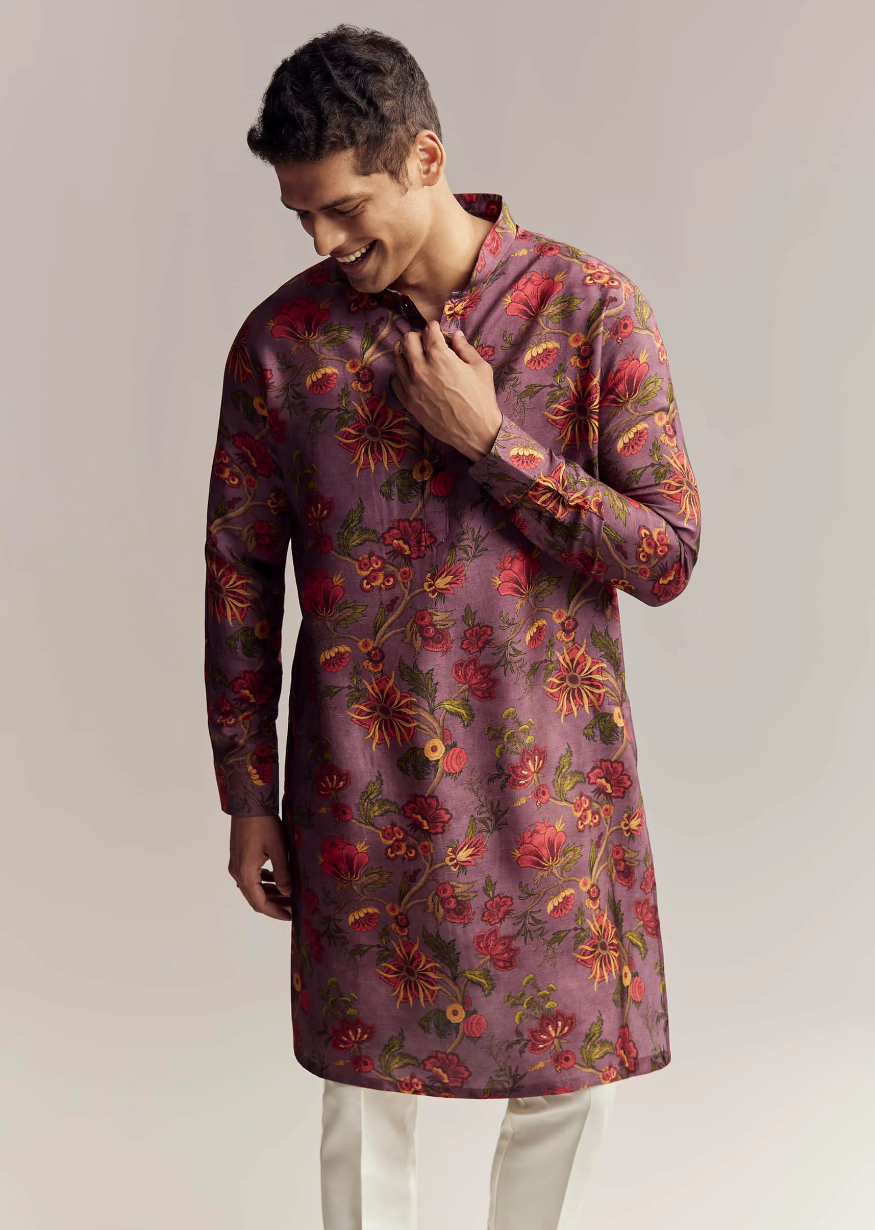 Purple Silk Kurta Set For Men With Floral Print - Image 4