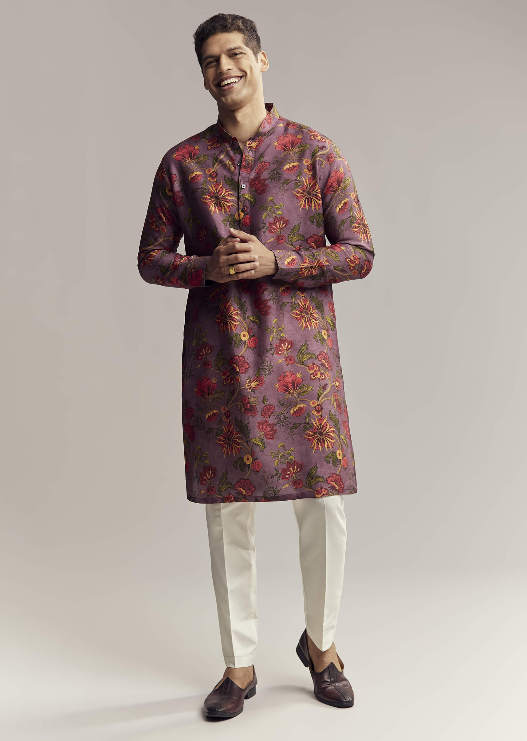 Purple Silk Kurta Set For Men With Floral Print - Image 7