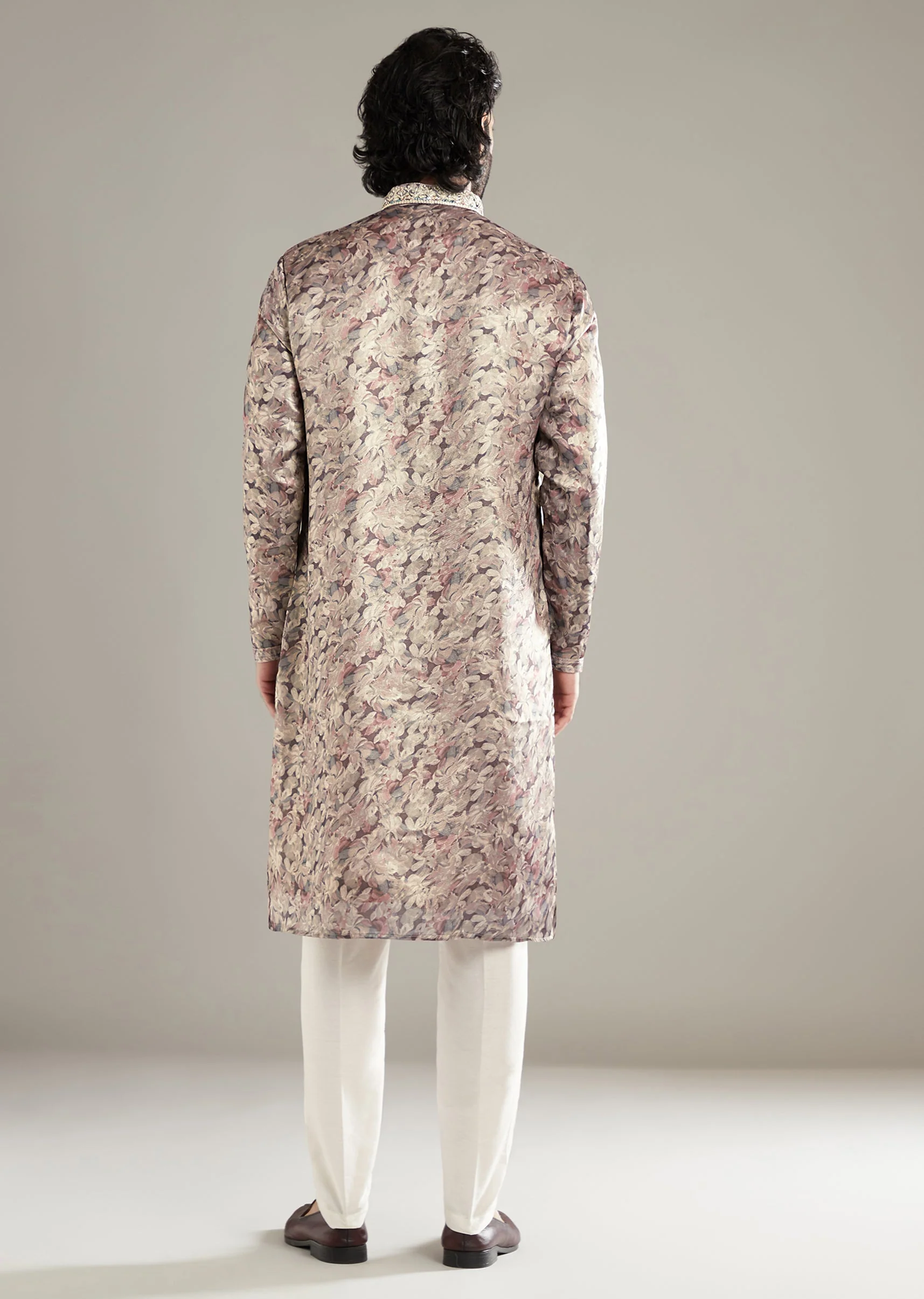 Purple Silk Kurta Set For Men With Floral Print Mirror And Resham Work - Image 5