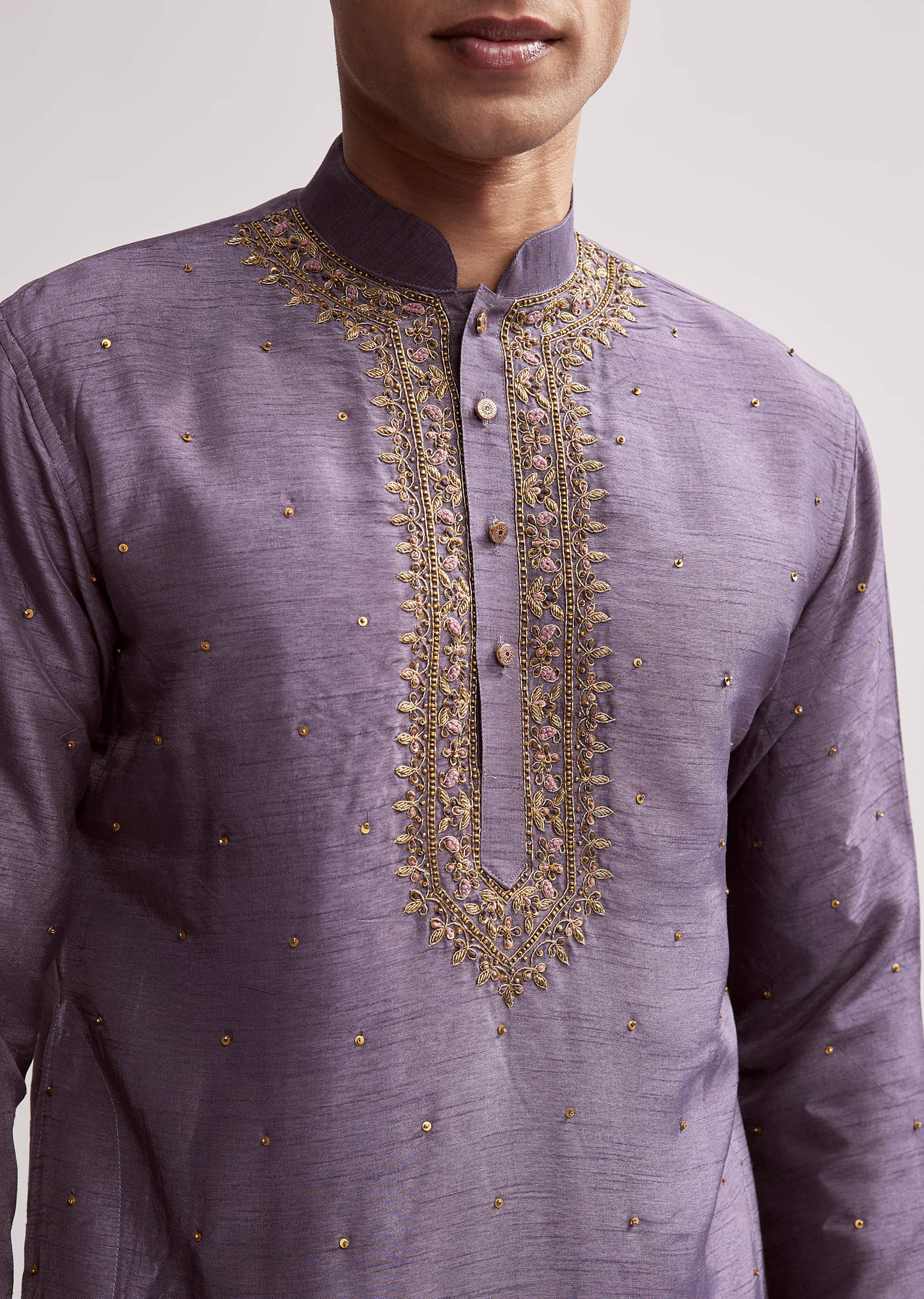 Purple Silk Kurta Set For Men With Hand Embroidery - Image 4