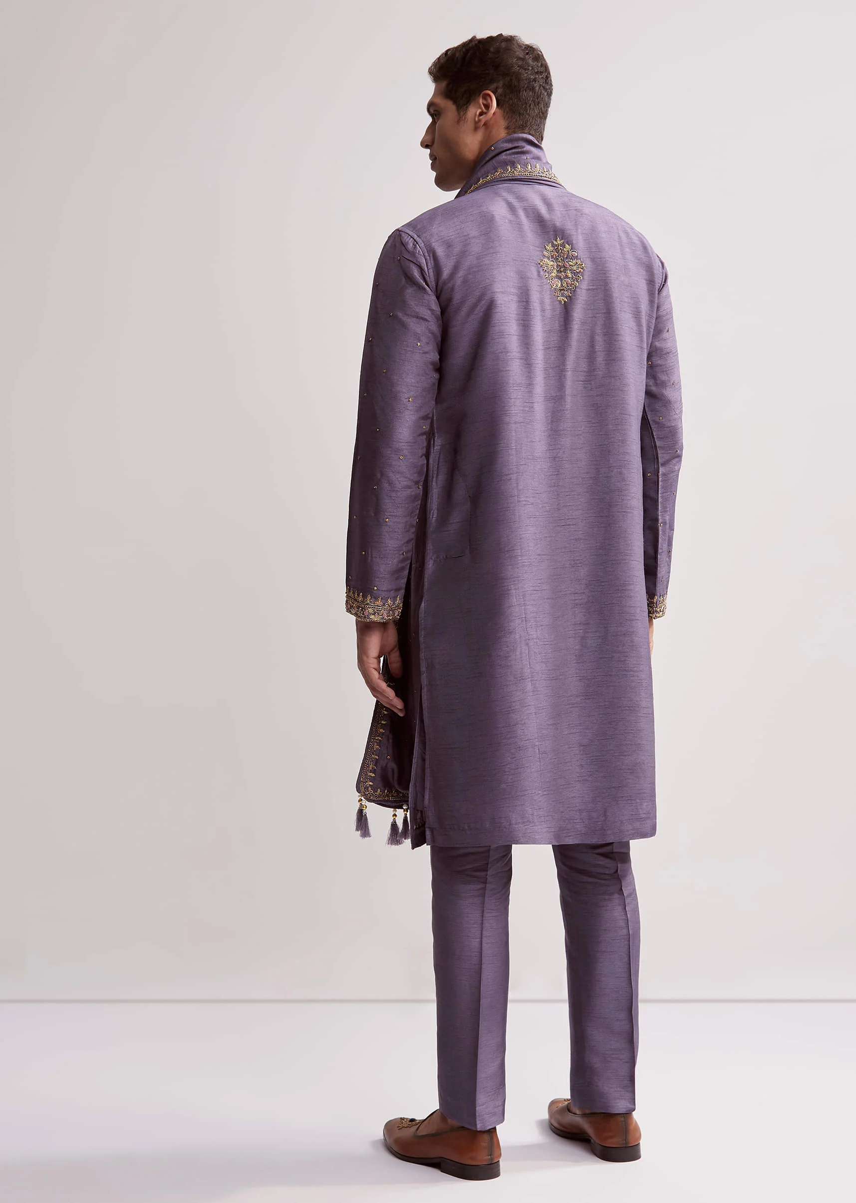 Purple Silk Kurta Set For Men With Hand Embroidery - Image 5