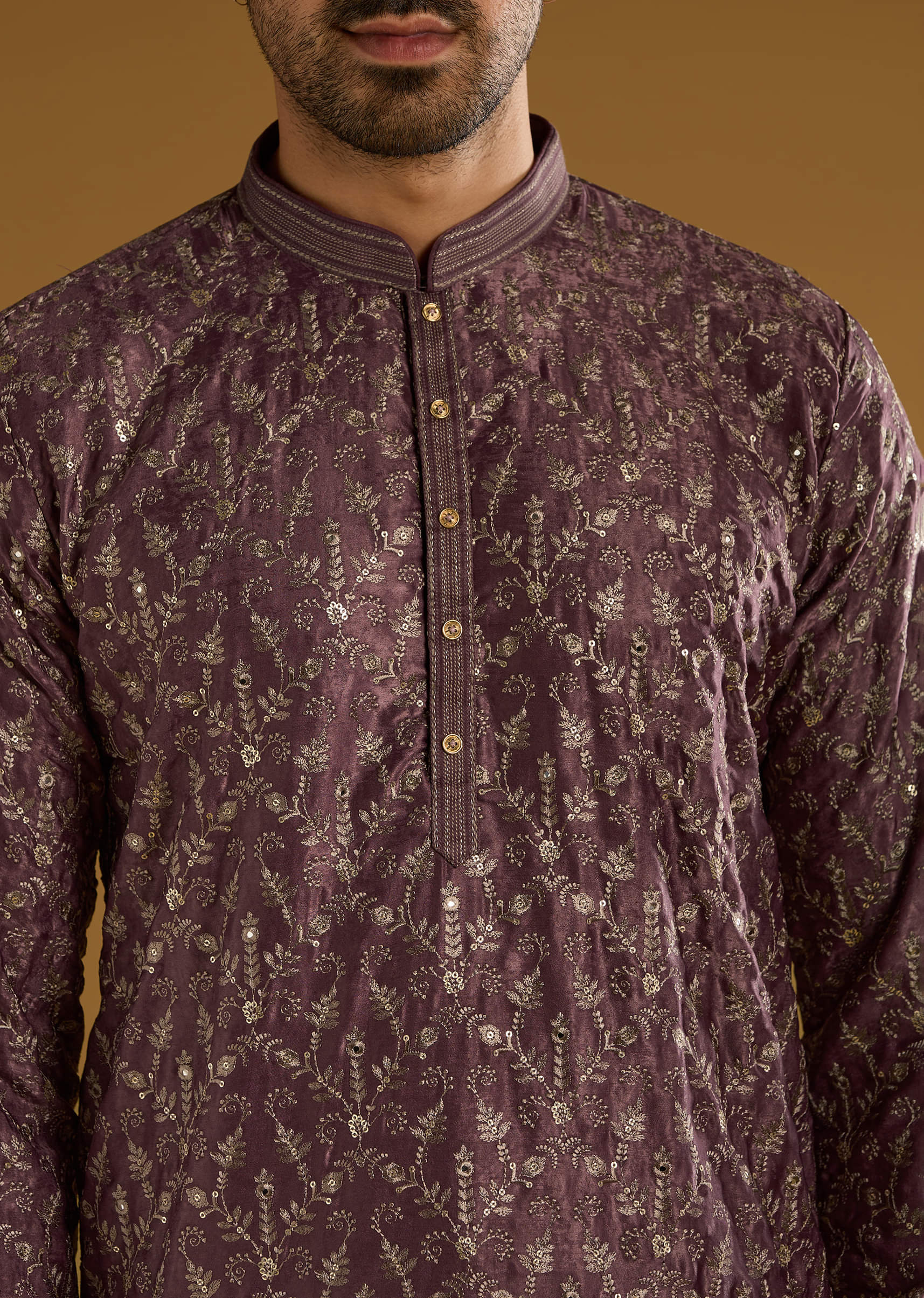 Purple Silk Kurta Set For Men With Intricate Hand Embroidery - Image 2