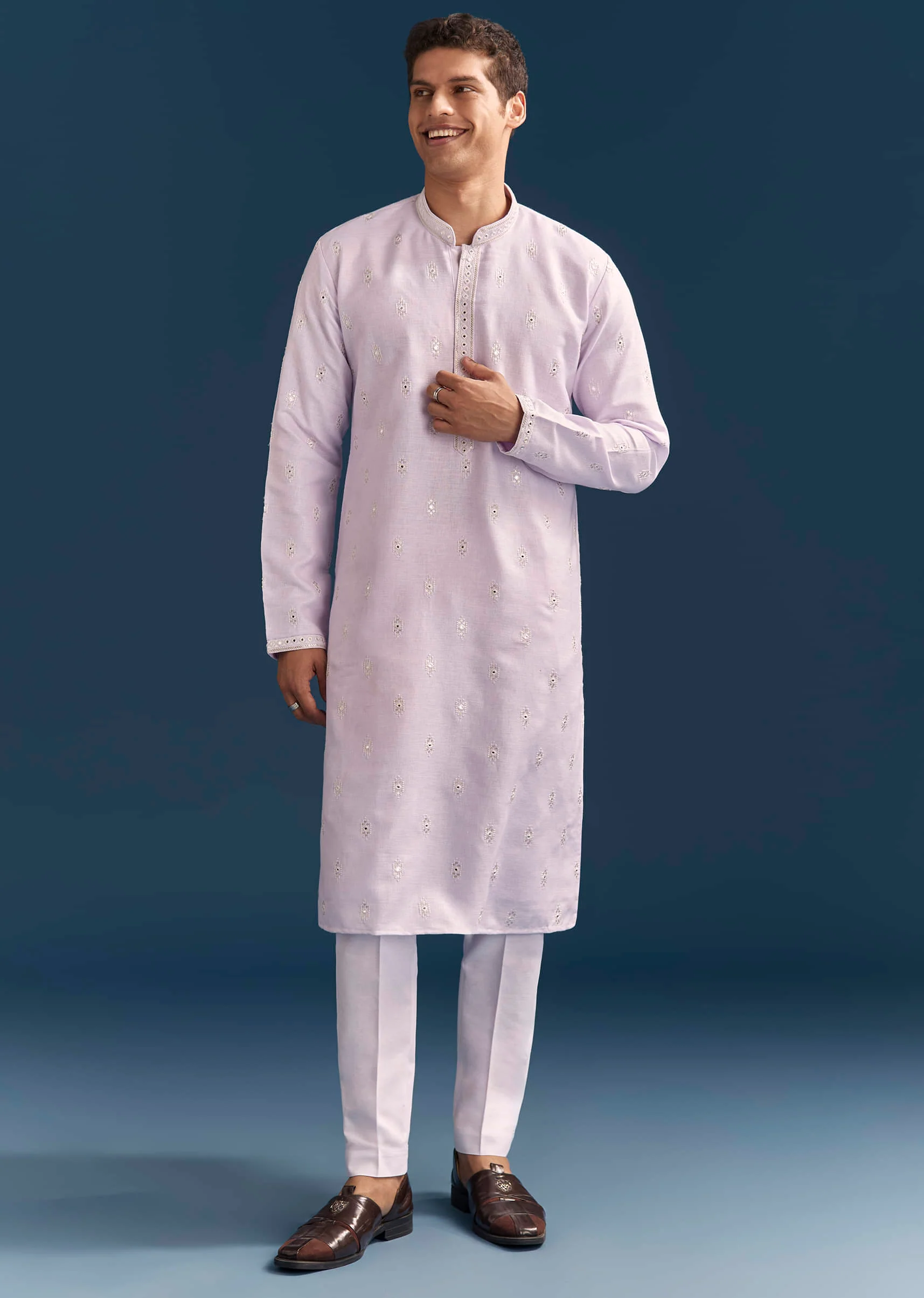 Purple Silk Kurta Set For Men With Mirror Embroidery - Image 3