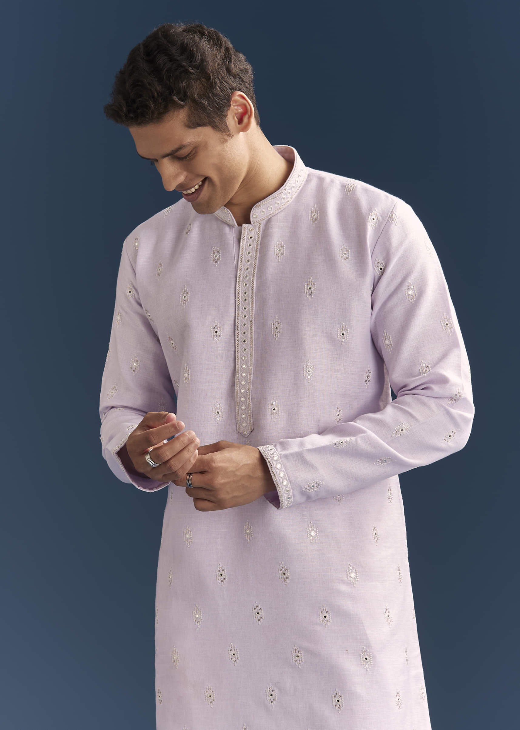 Purple Silk Kurta Set For Men With Mirror Embroidery - Image 4