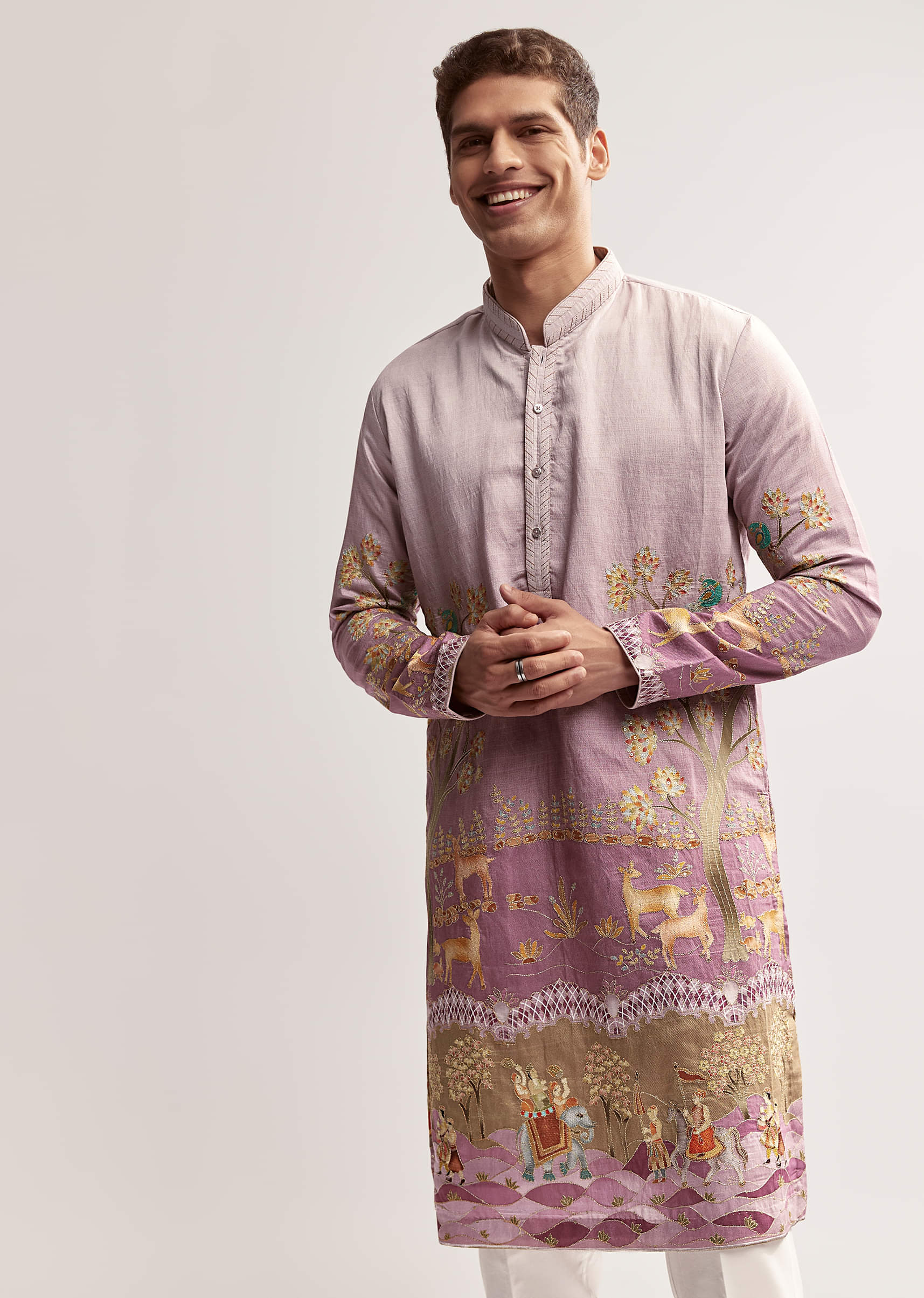 Purple Silk Kurta Set For Men With Mughal Print - Image 4