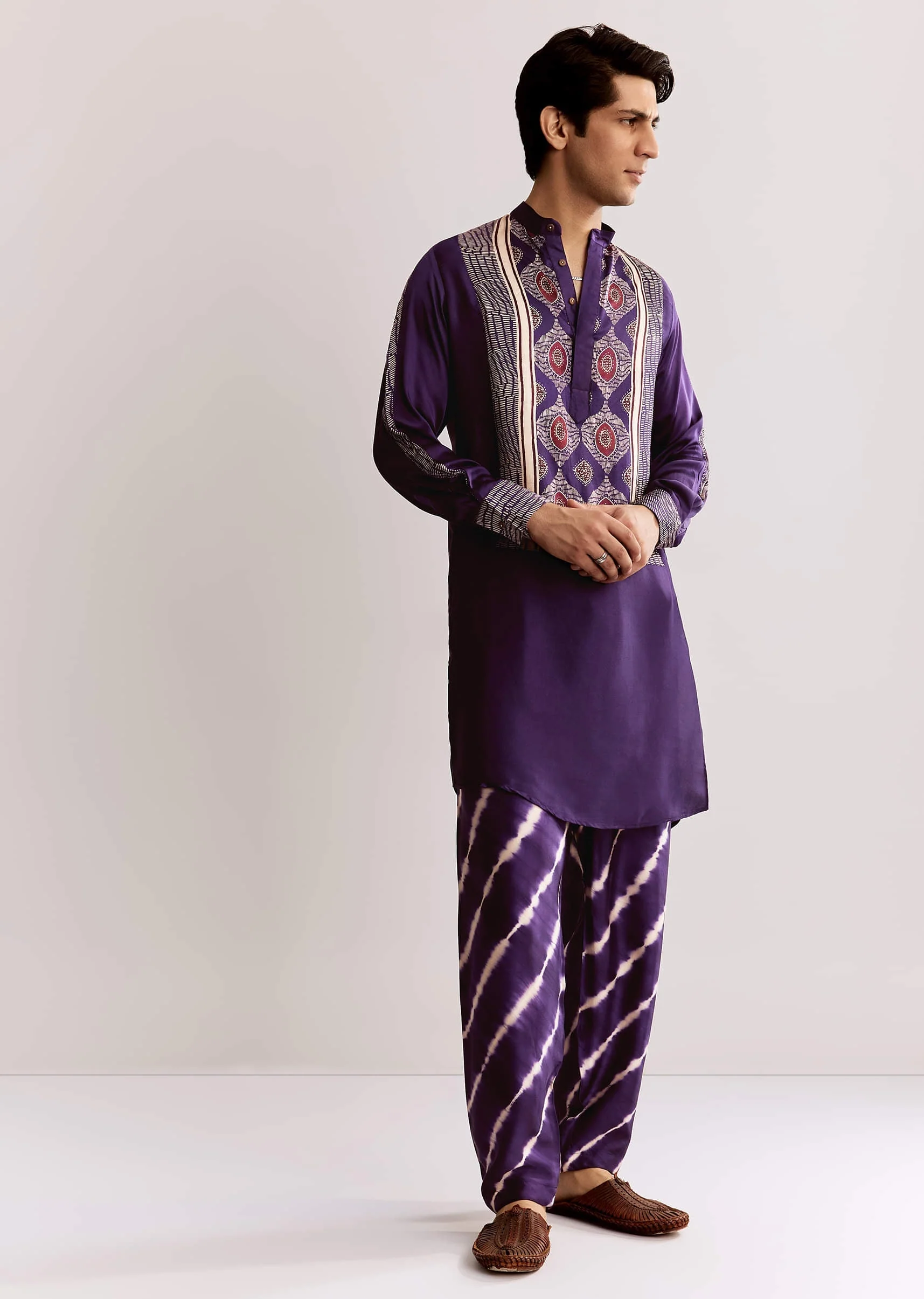 Purple Silk Kurta Set With Ajrakh Print - Image 2