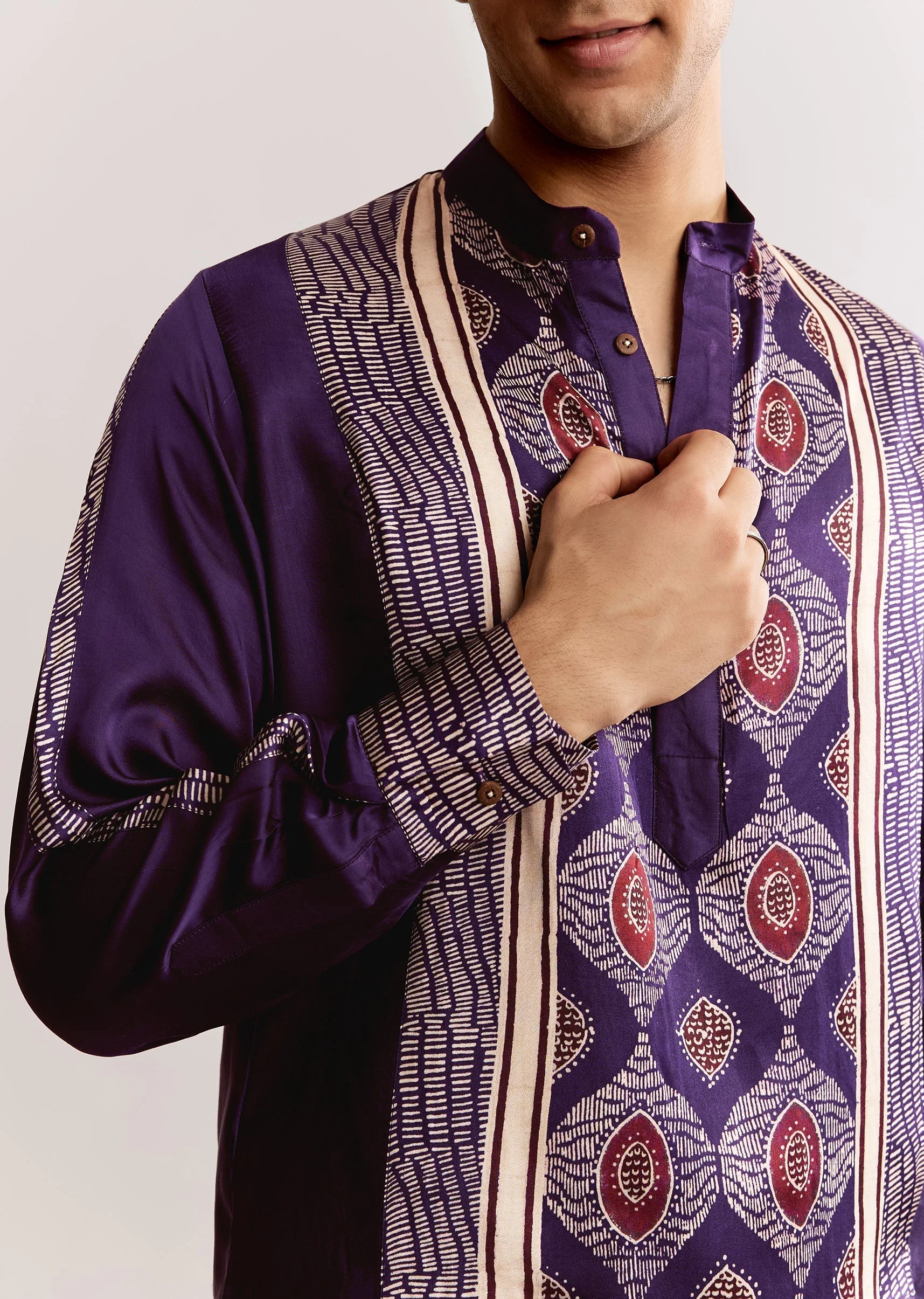 Purple Silk Kurta Set With Ajrakh Print - Image 3