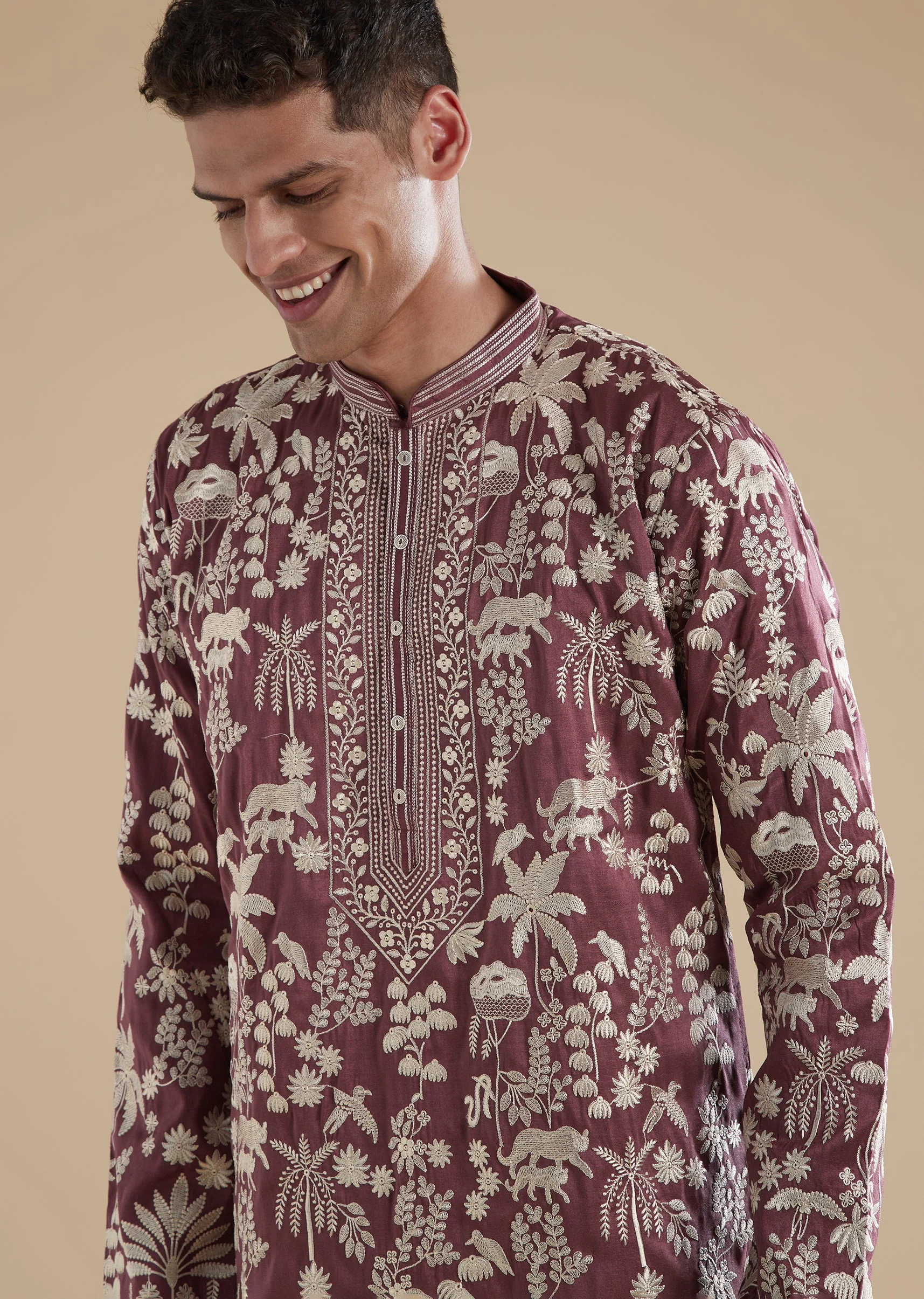 Purple Silk Kurta Set With Thread Resham Detailing - Image 2