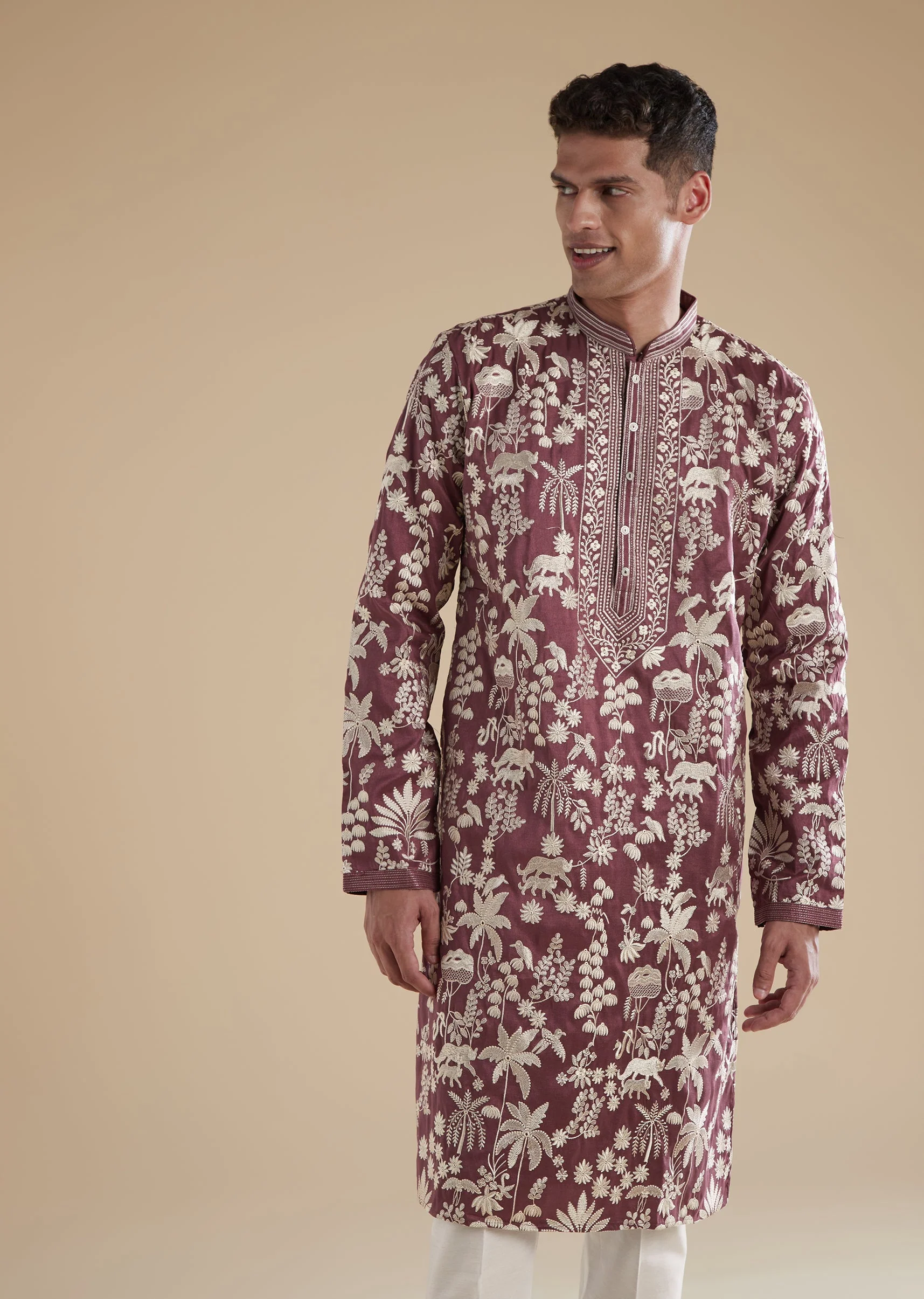 Purple Silk Kurta Set With Thread Resham Detailing - Image 4