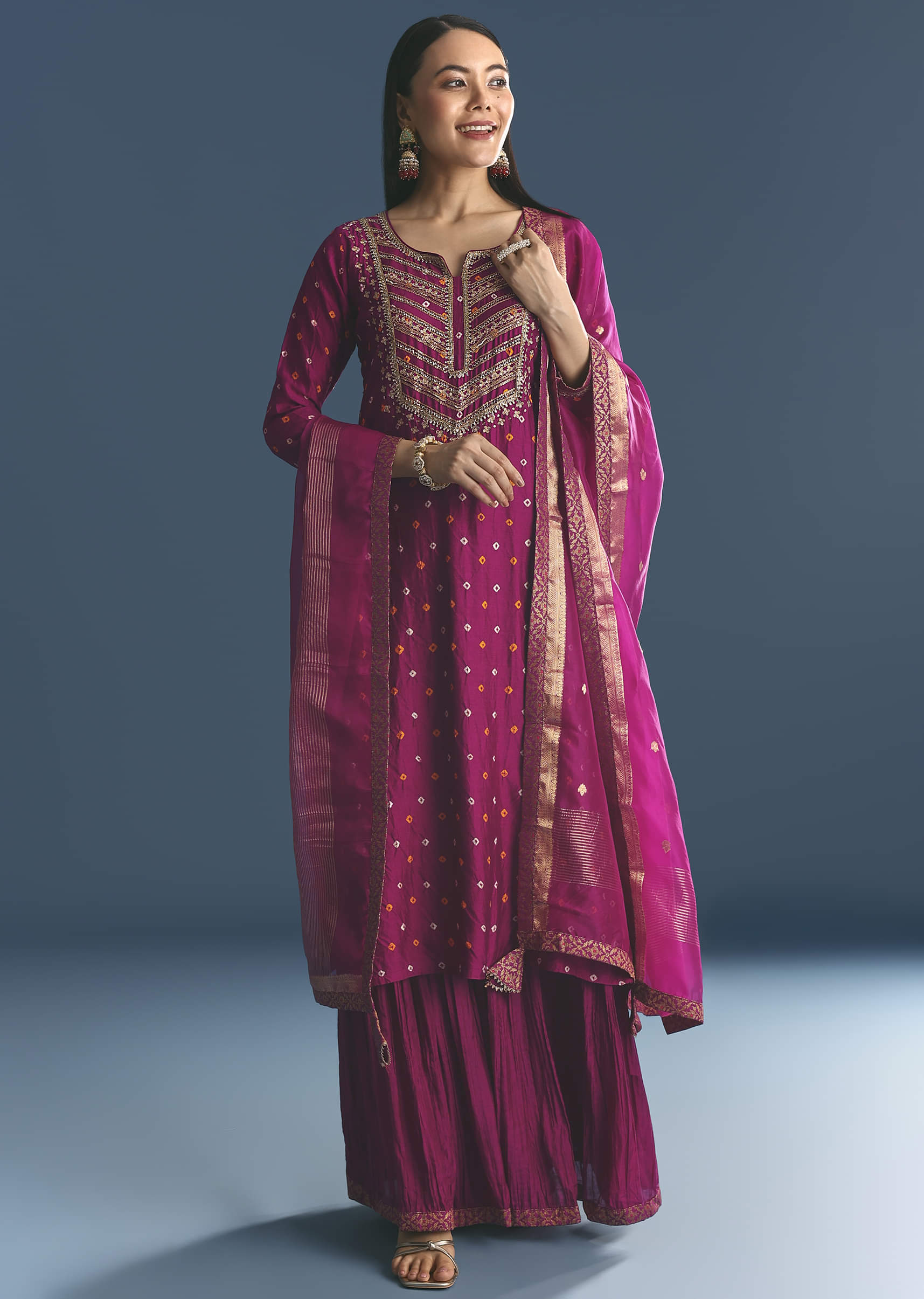 Purple Silk Kurta Sharara Suit With Bandhani And Sequins Work - Image 4