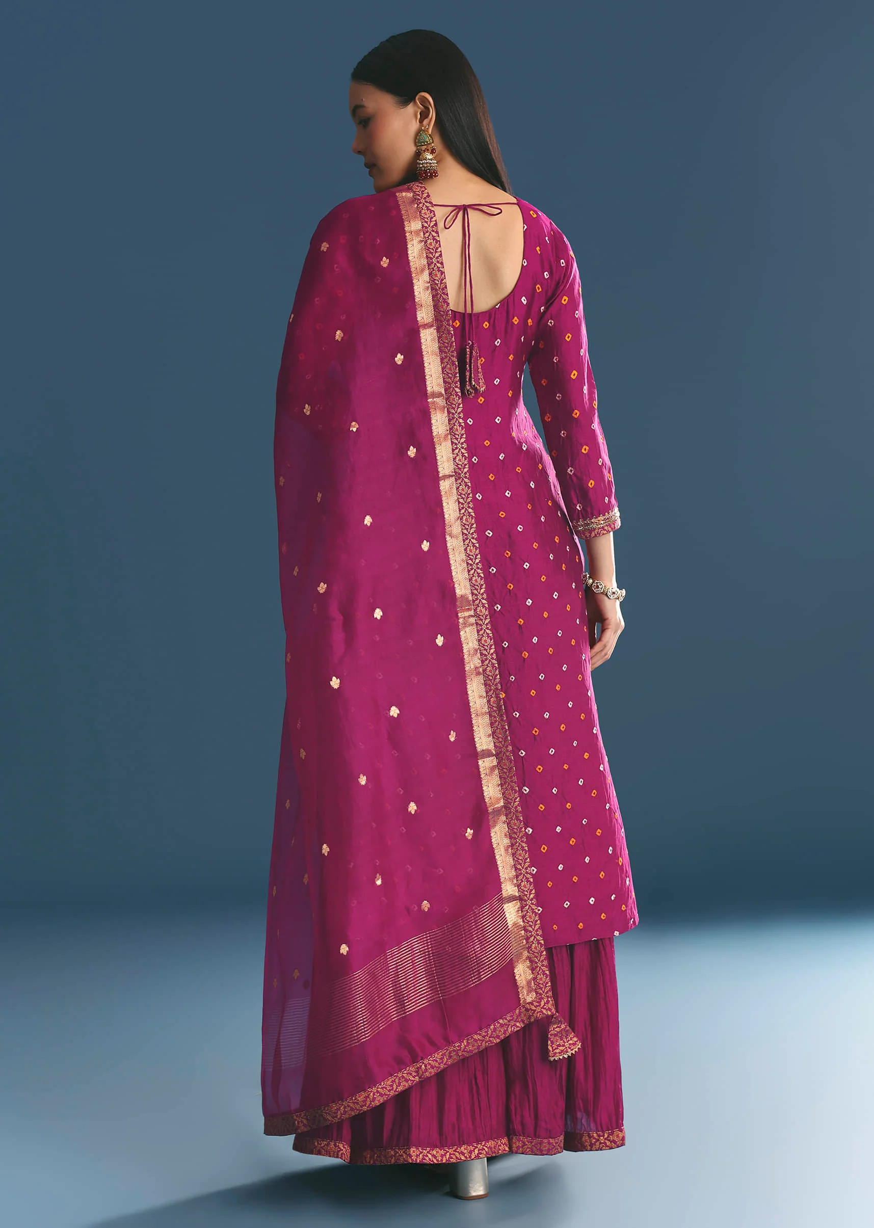 Purple Silk Kurta Sharara Suit With Bandhani And Sequins Work - Image 5