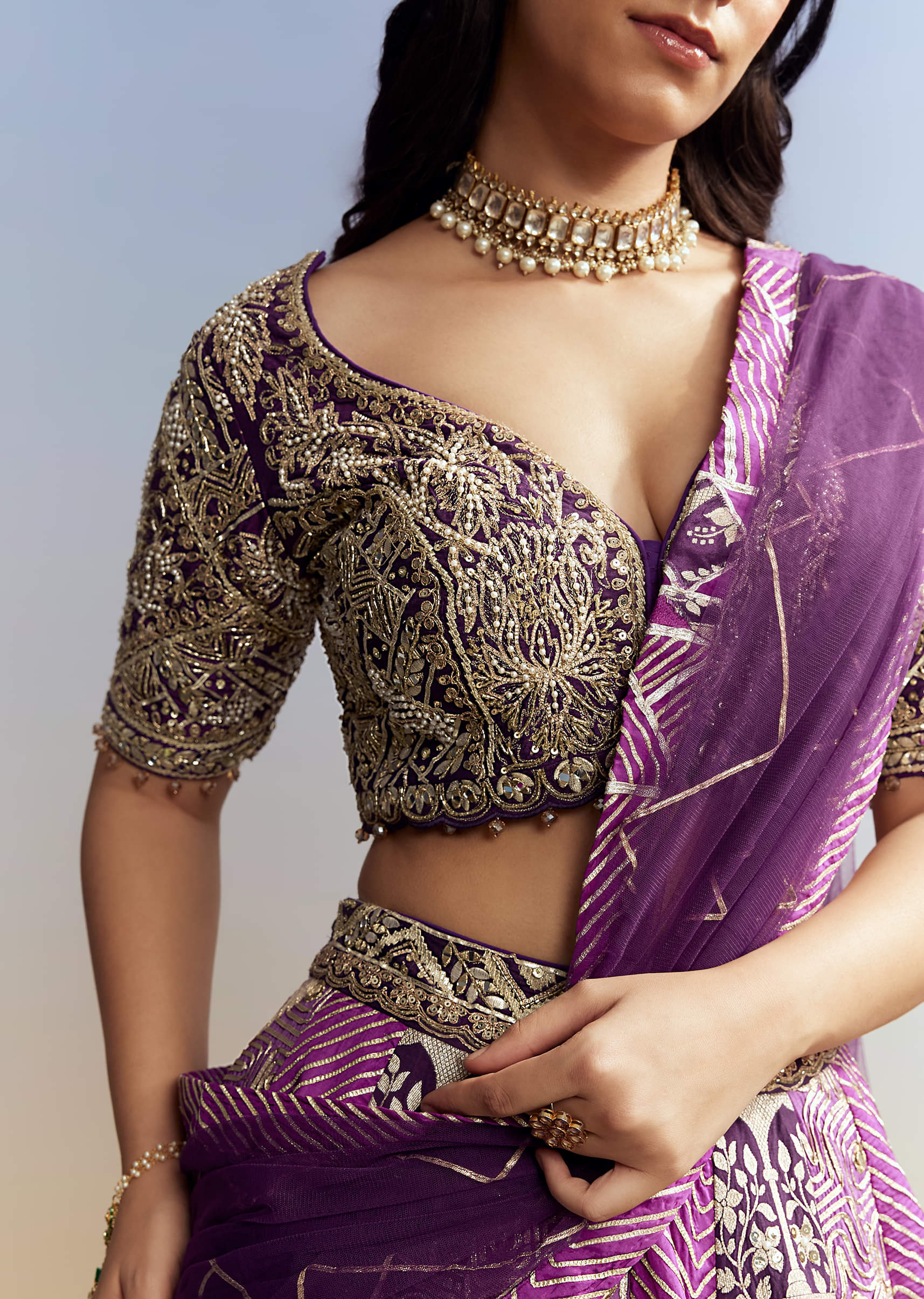 Purple Silk Lehenga with Embellished Choli - Image 2