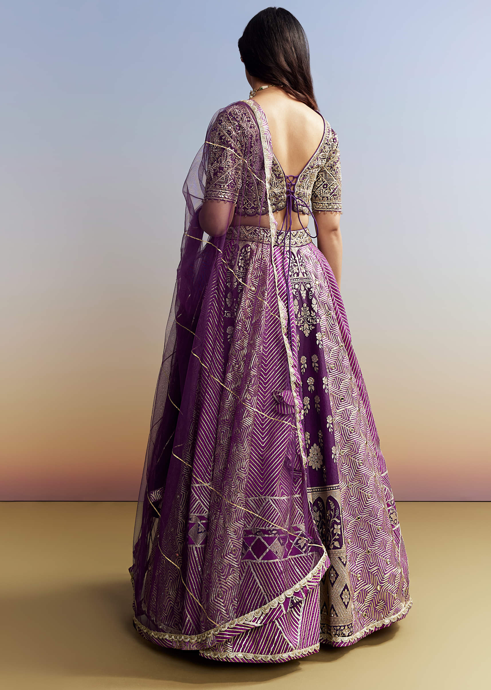 Purple Silk Lehenga with Embellished Choli - Image 4