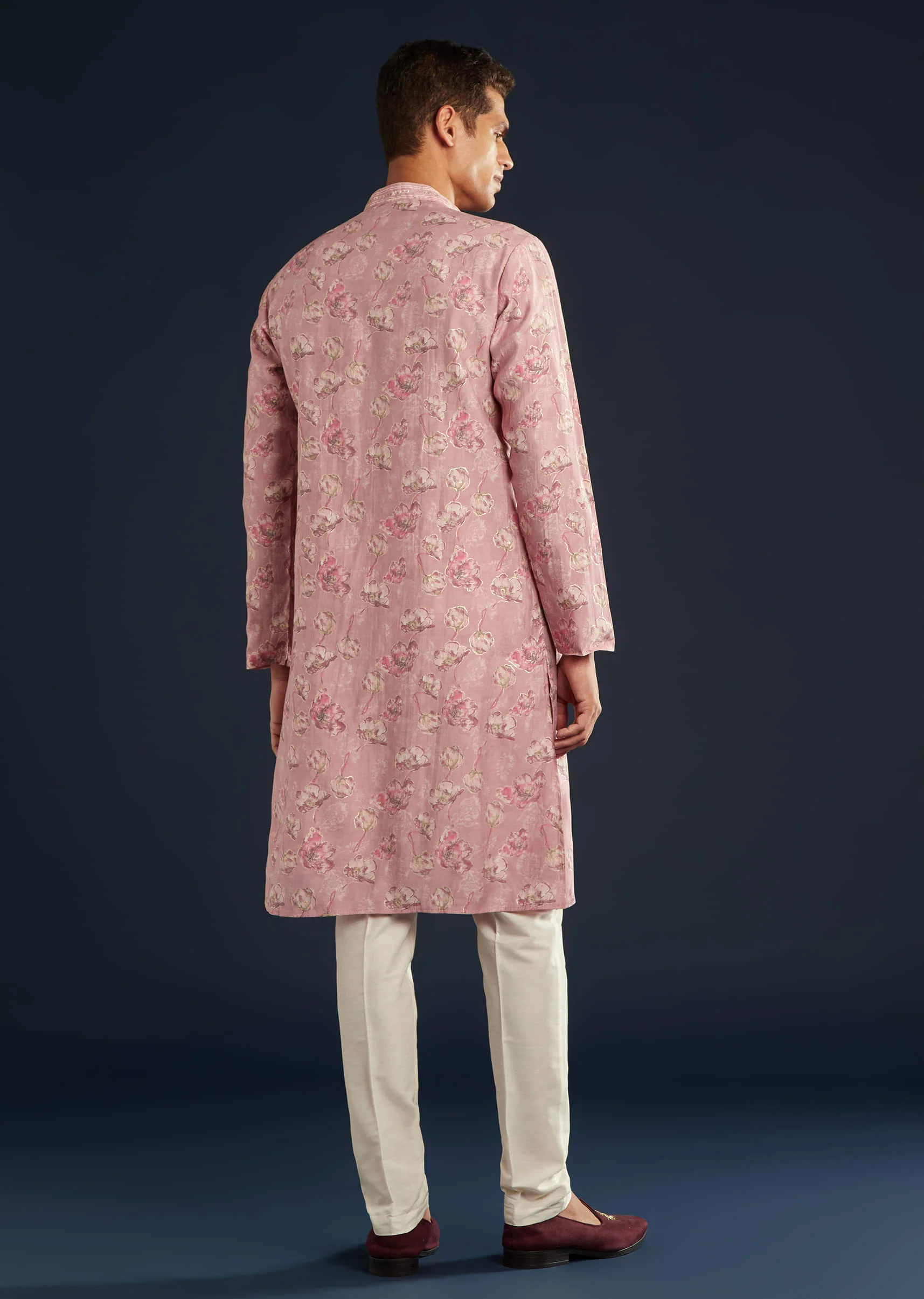 Purple Silk Mens Kurta Set with Floral Motifs - Image 3