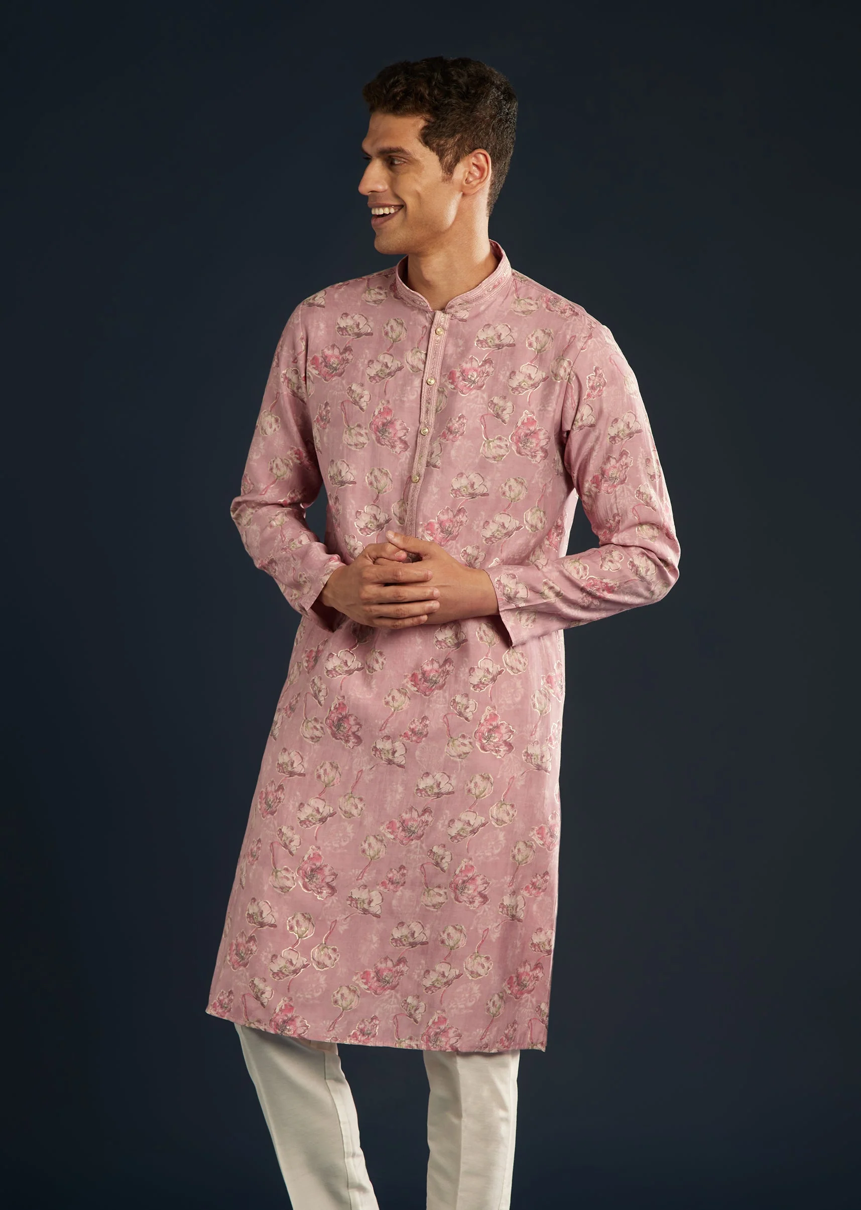 Purple Silk Mens Kurta Set with Floral Motifs - Image 4