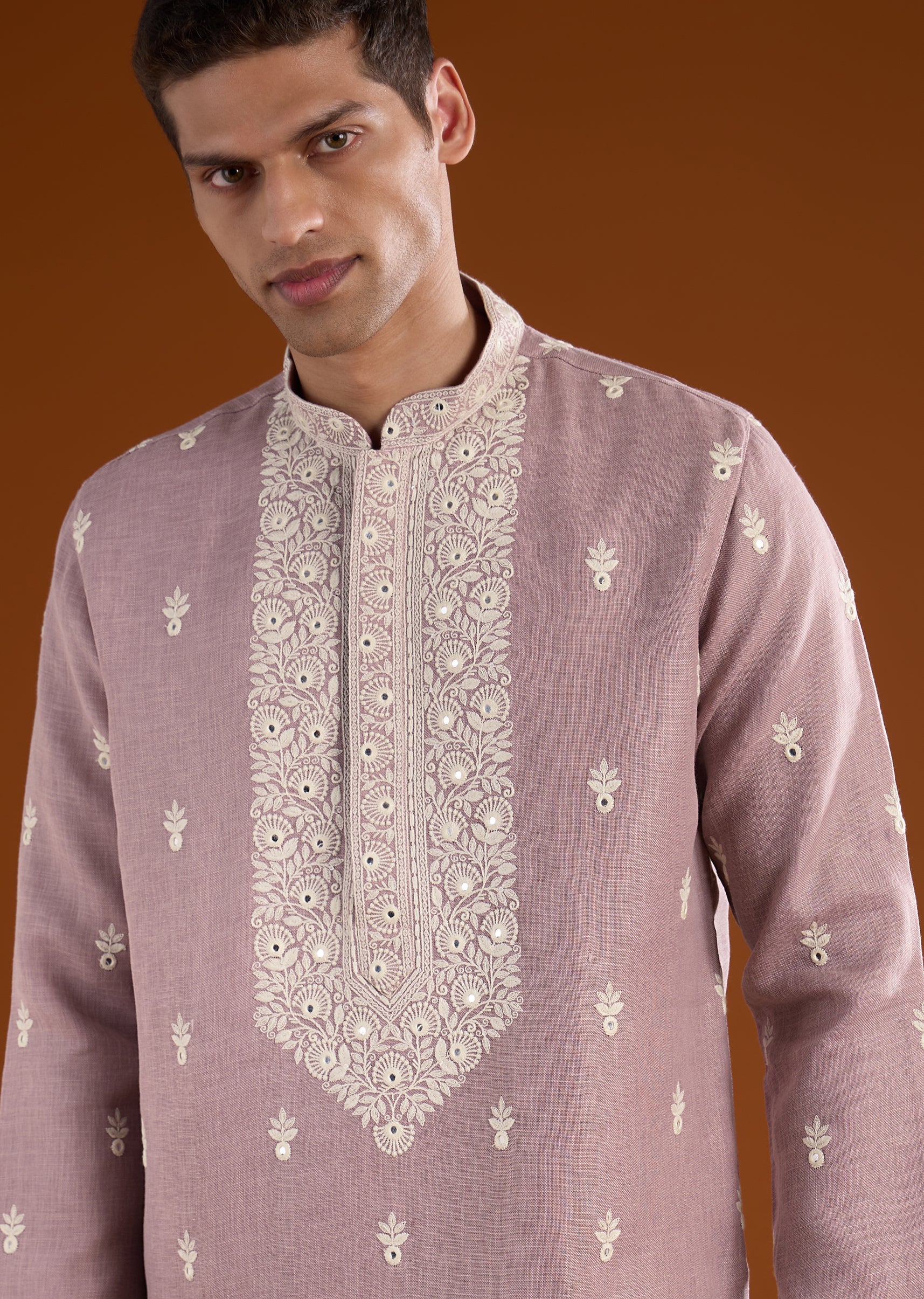 Purple Silk Mens Kurta Set With Thread Resham And Mirror Work - Image 2