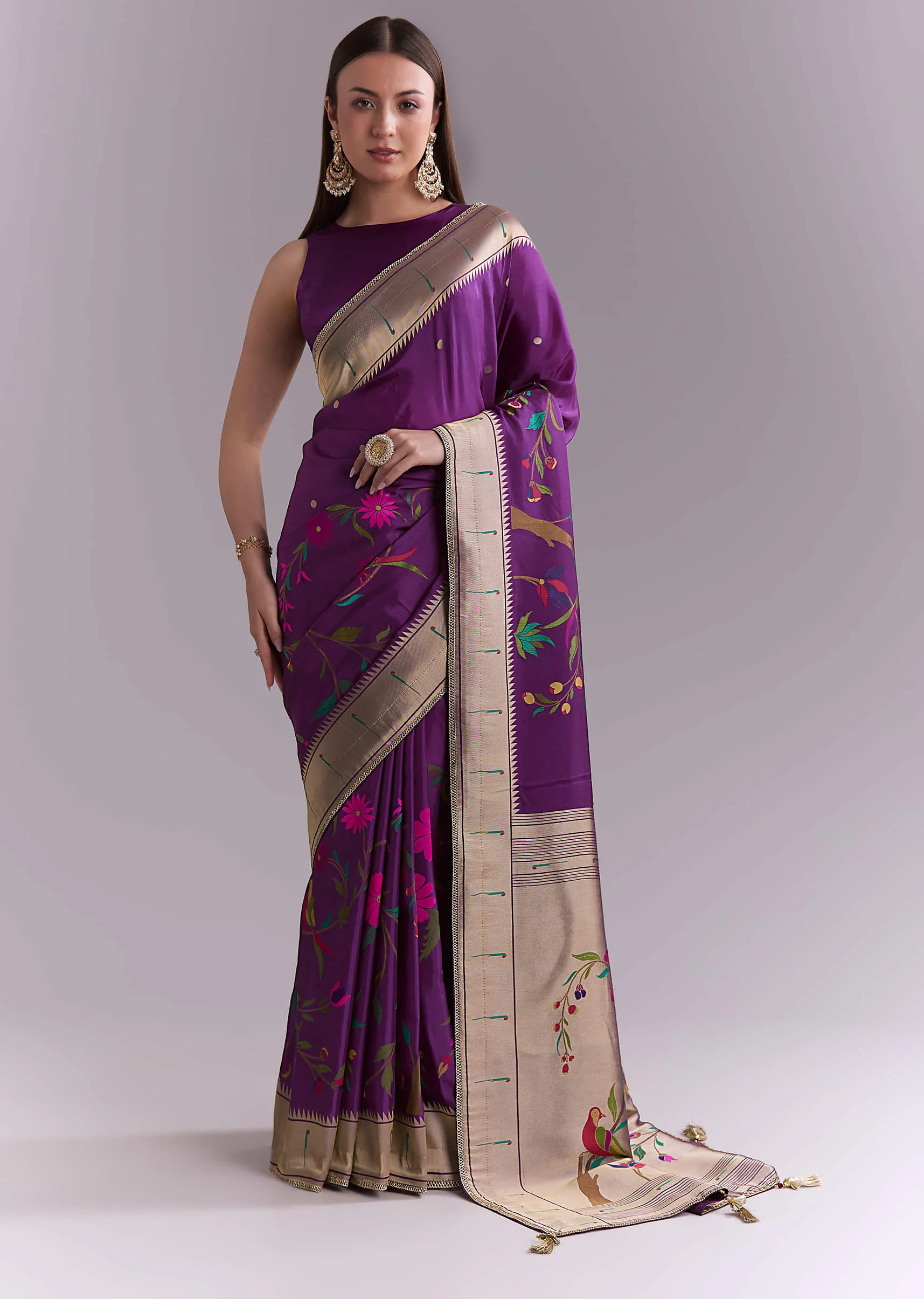 Purple Silk Muniya Paithani Saree With Booti And Zari Work - Image 3