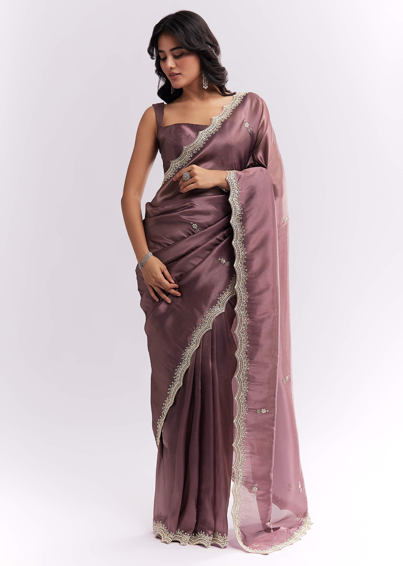Purple Silk Organza Saree With Heavy Hand Embroidery - Image 3