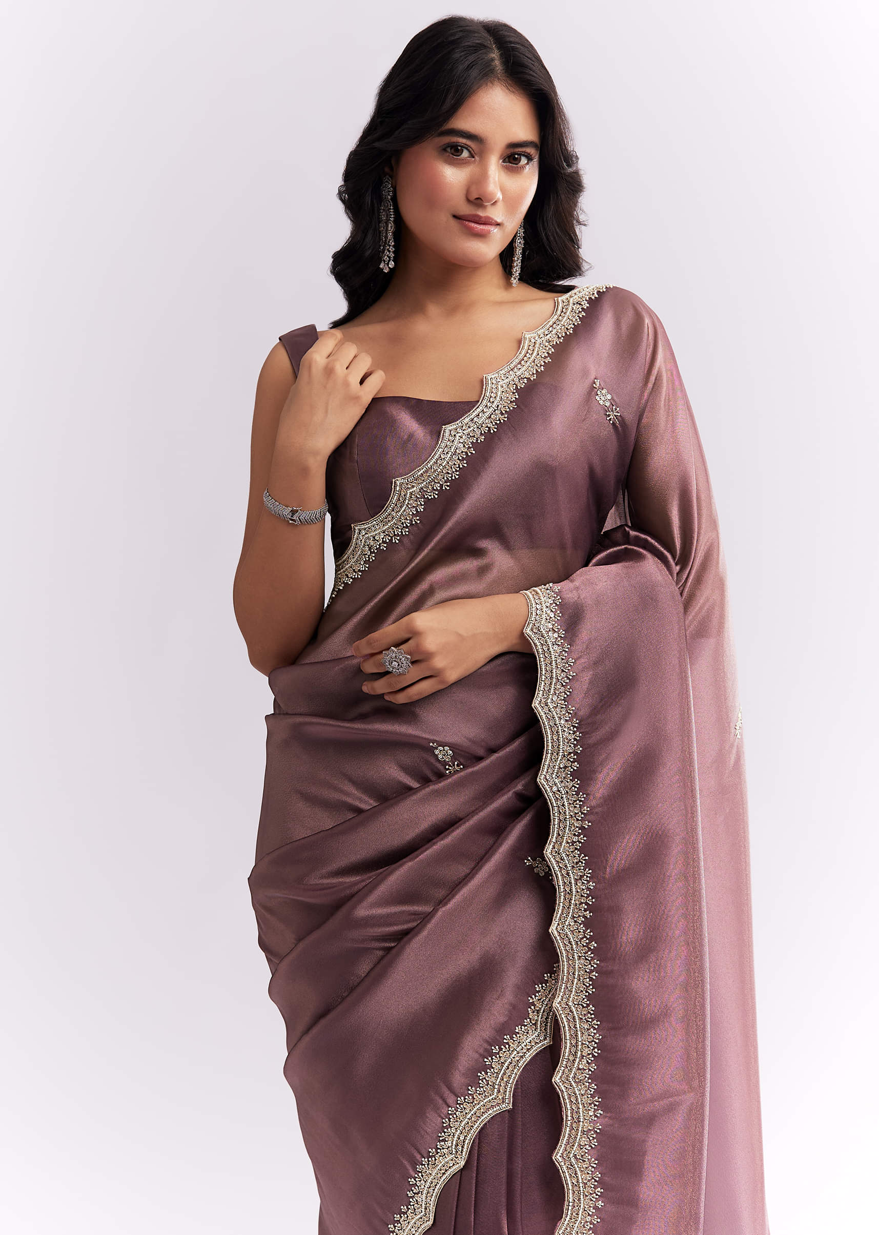 Purple Silk Organza Saree With Heavy Hand Embroidery - Image 5
