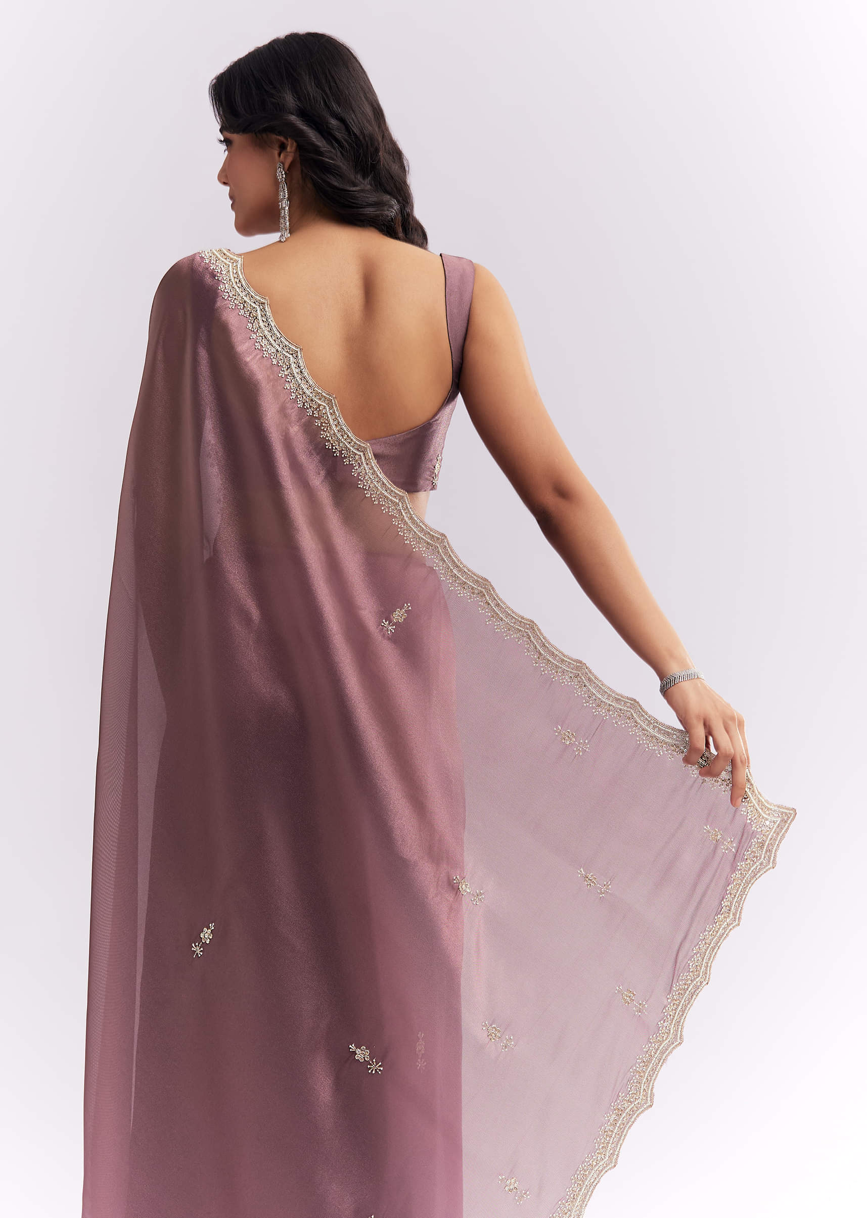 Purple Silk Organza Saree With Heavy Hand Embroidery - Image 6