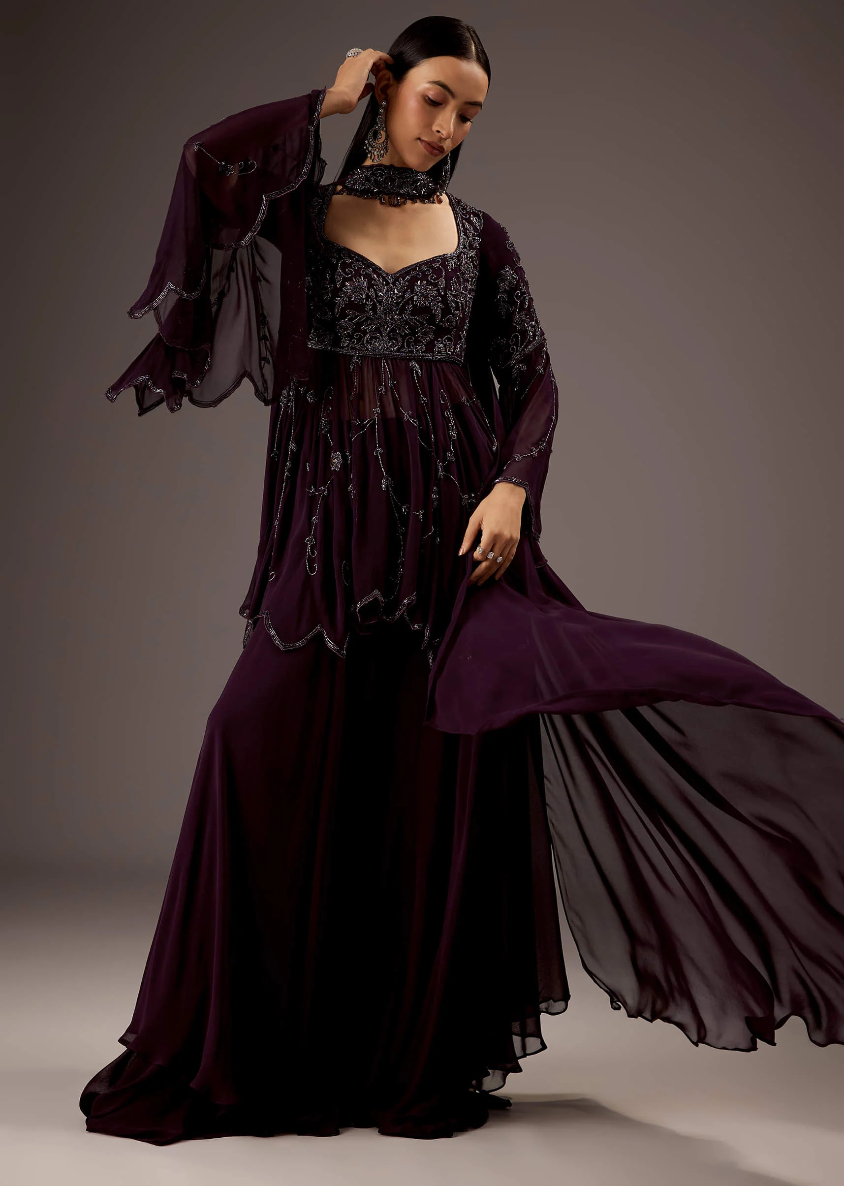 Purple Silk Palazzo Suit With Elegant Hand Work - Image 6