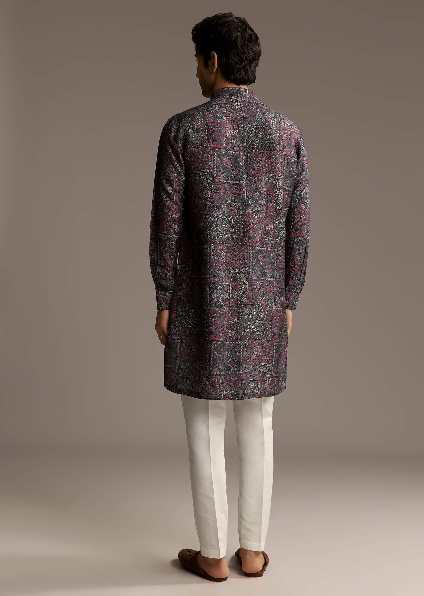 Purple Silk Printed Designer Kurta For Men - Image 5