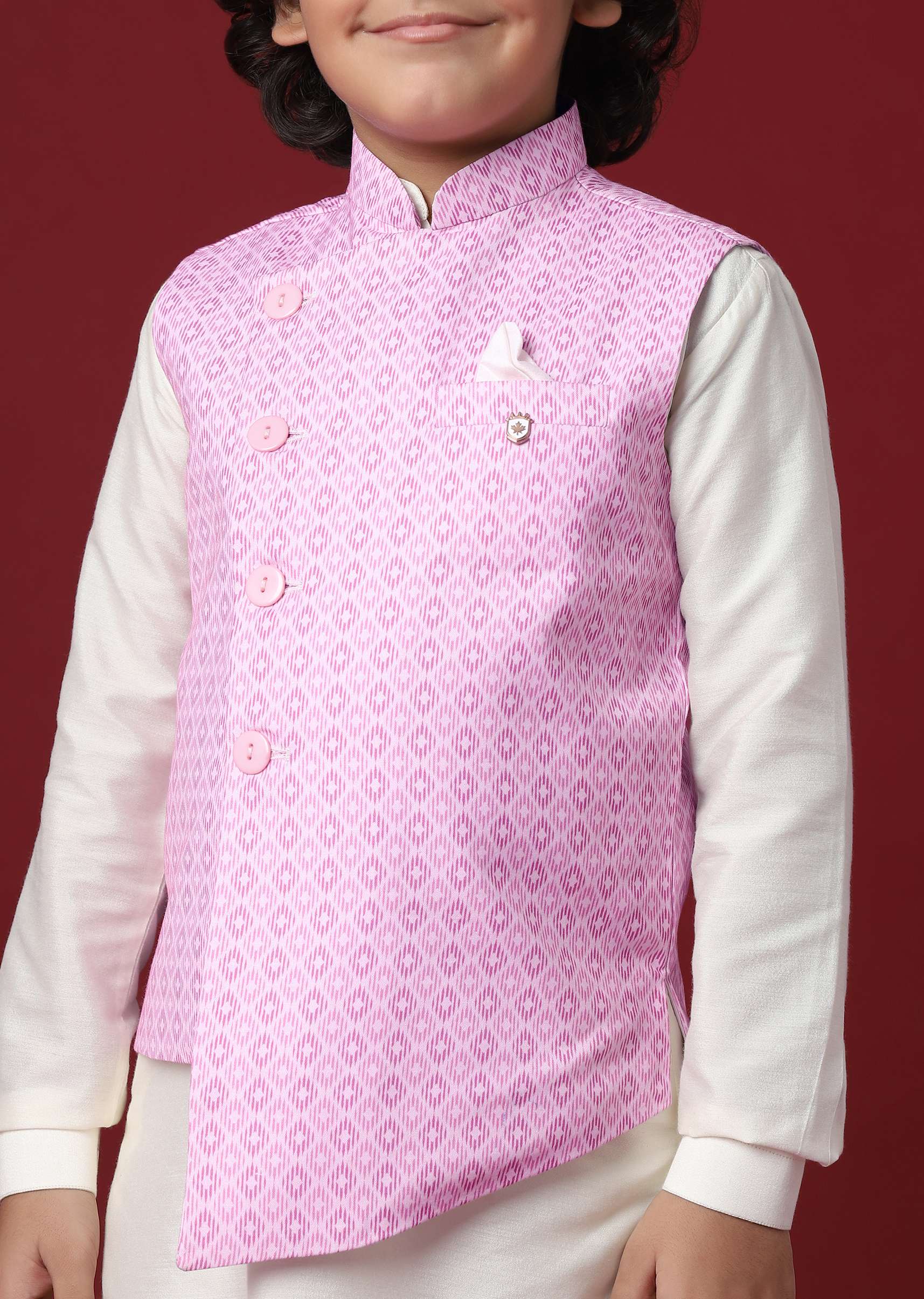 Purple Silk Printed Jacket Kurta Set for Boys - Image 3