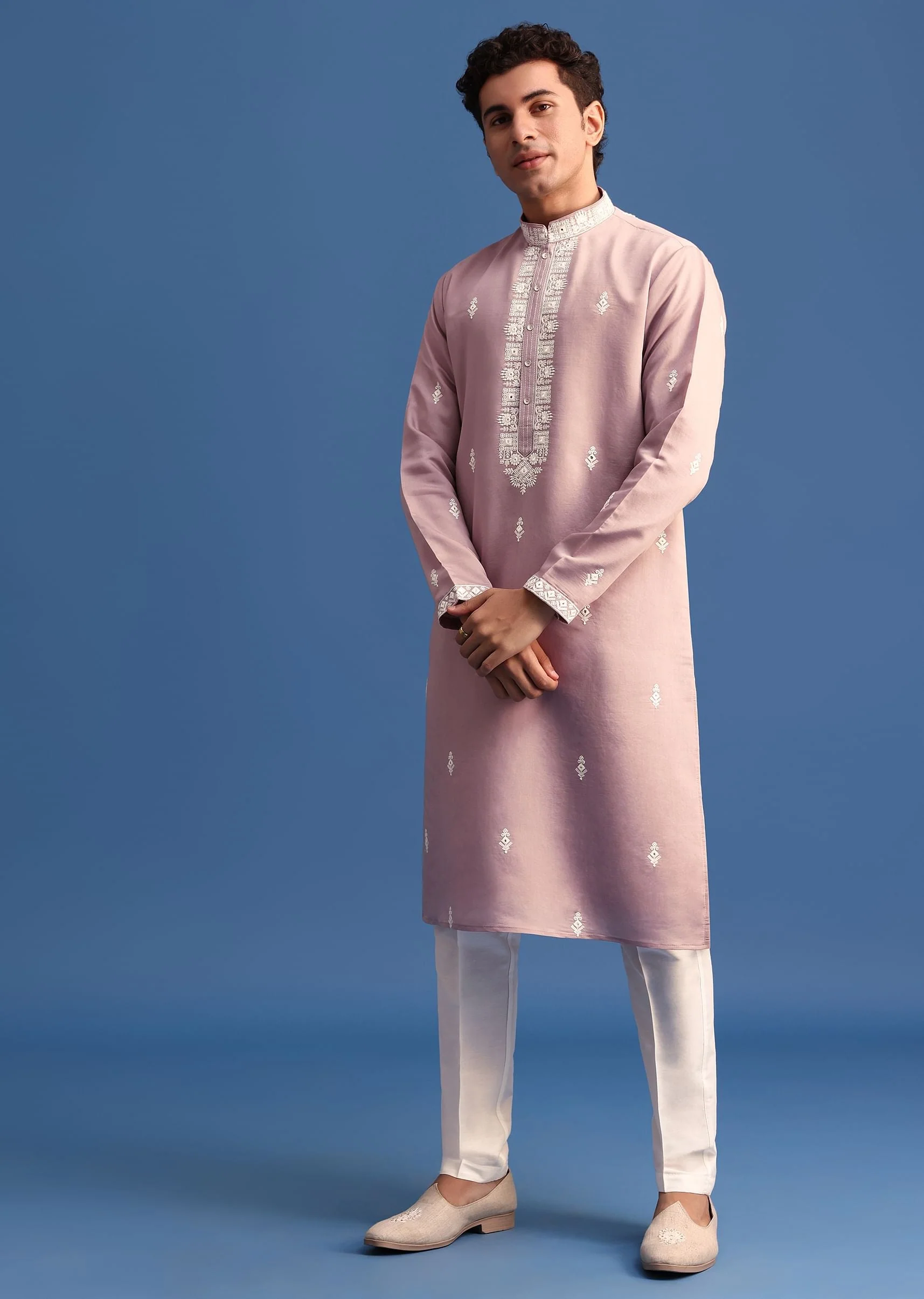 Purple Silk Resham Embroidered Kurta Set - Image 4