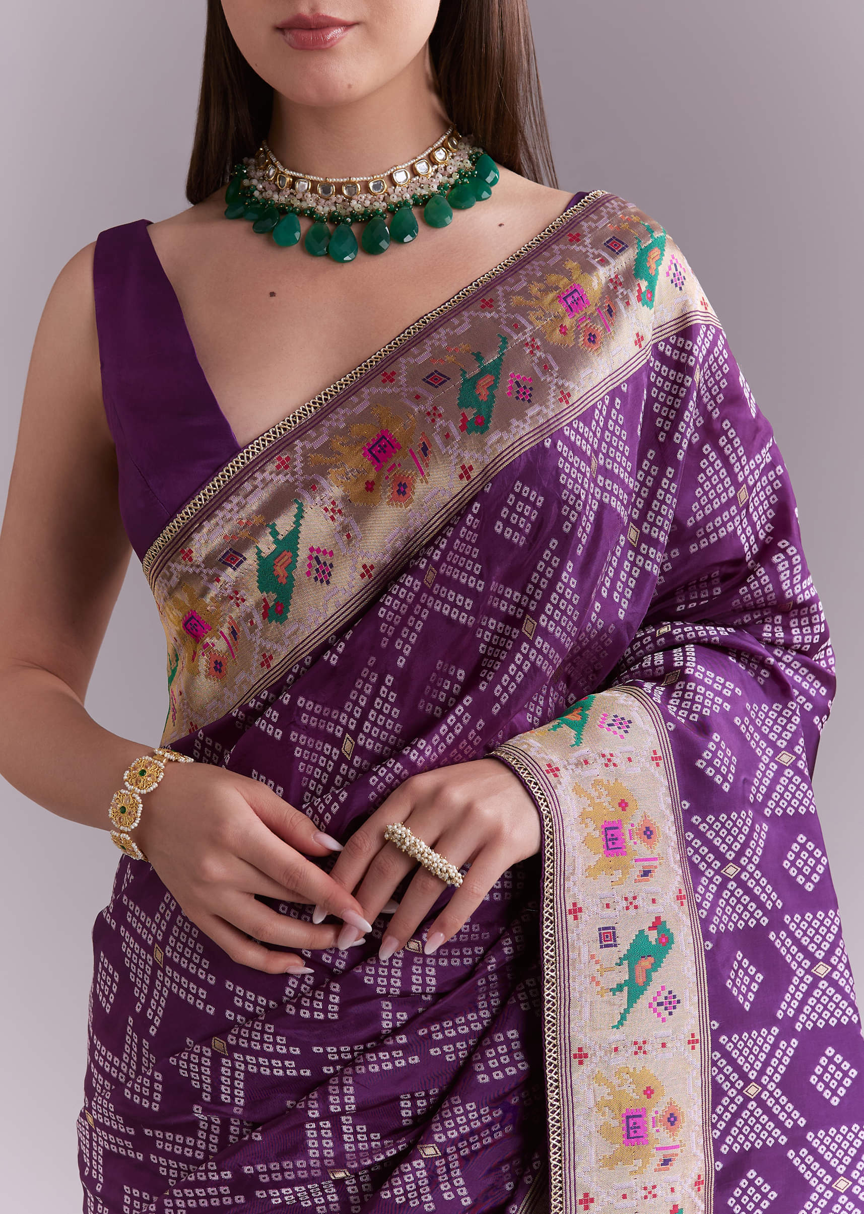 Purple Silk Saree With Zari Border And Multicolour Motifs - Image 2