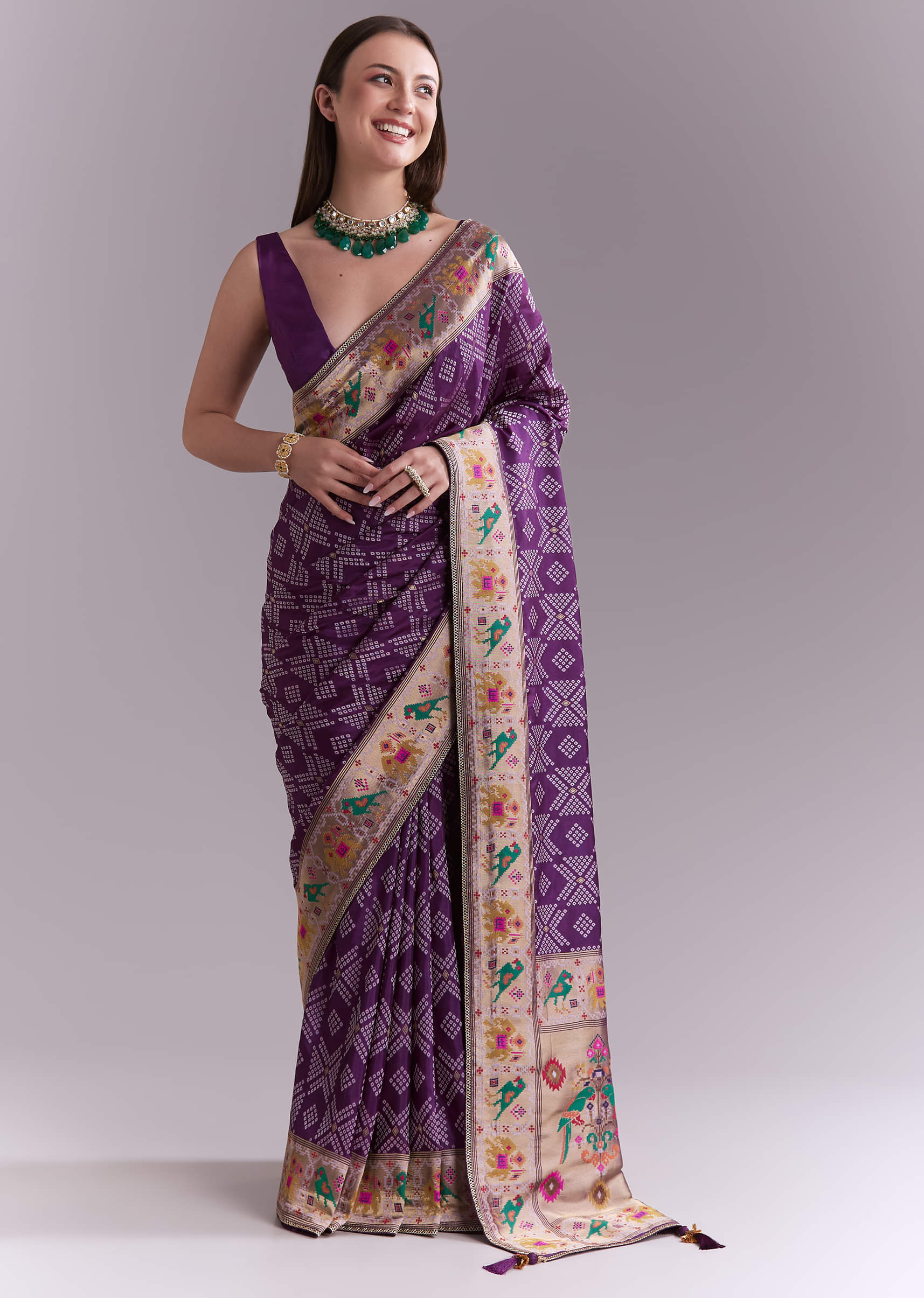 Purple Silk Saree With Zari Border And Multicolour Motifs - Image 3