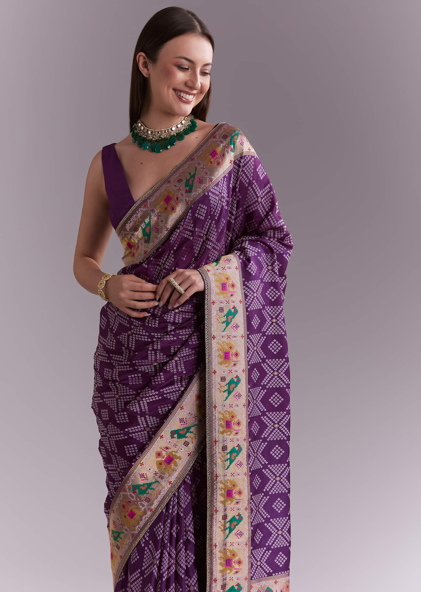 Purple Silk Saree With Zari Border And Multicolour Motifs - Image 5