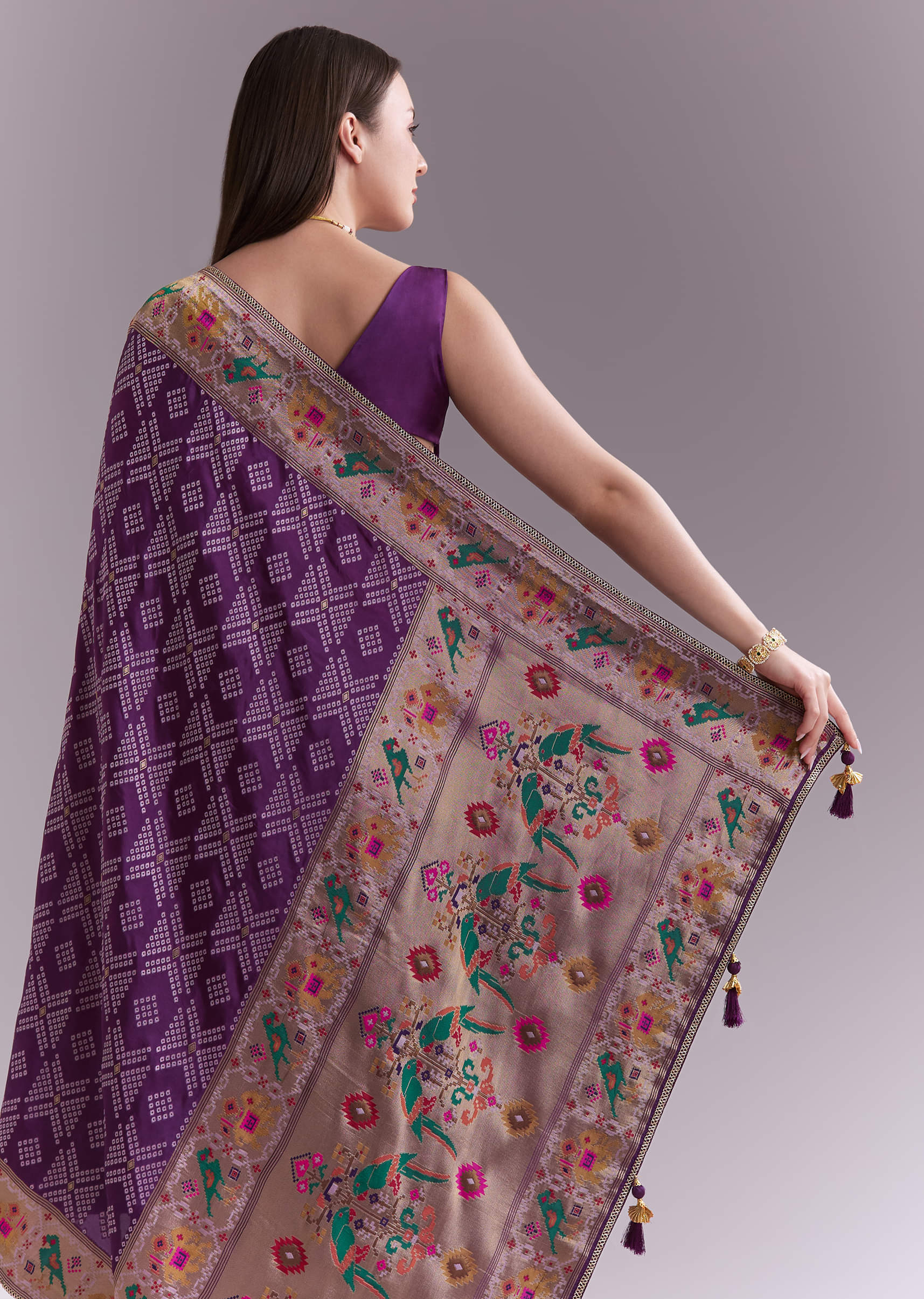 Purple Silk Saree With Zari Border And Multicolour Motifs - Image 6