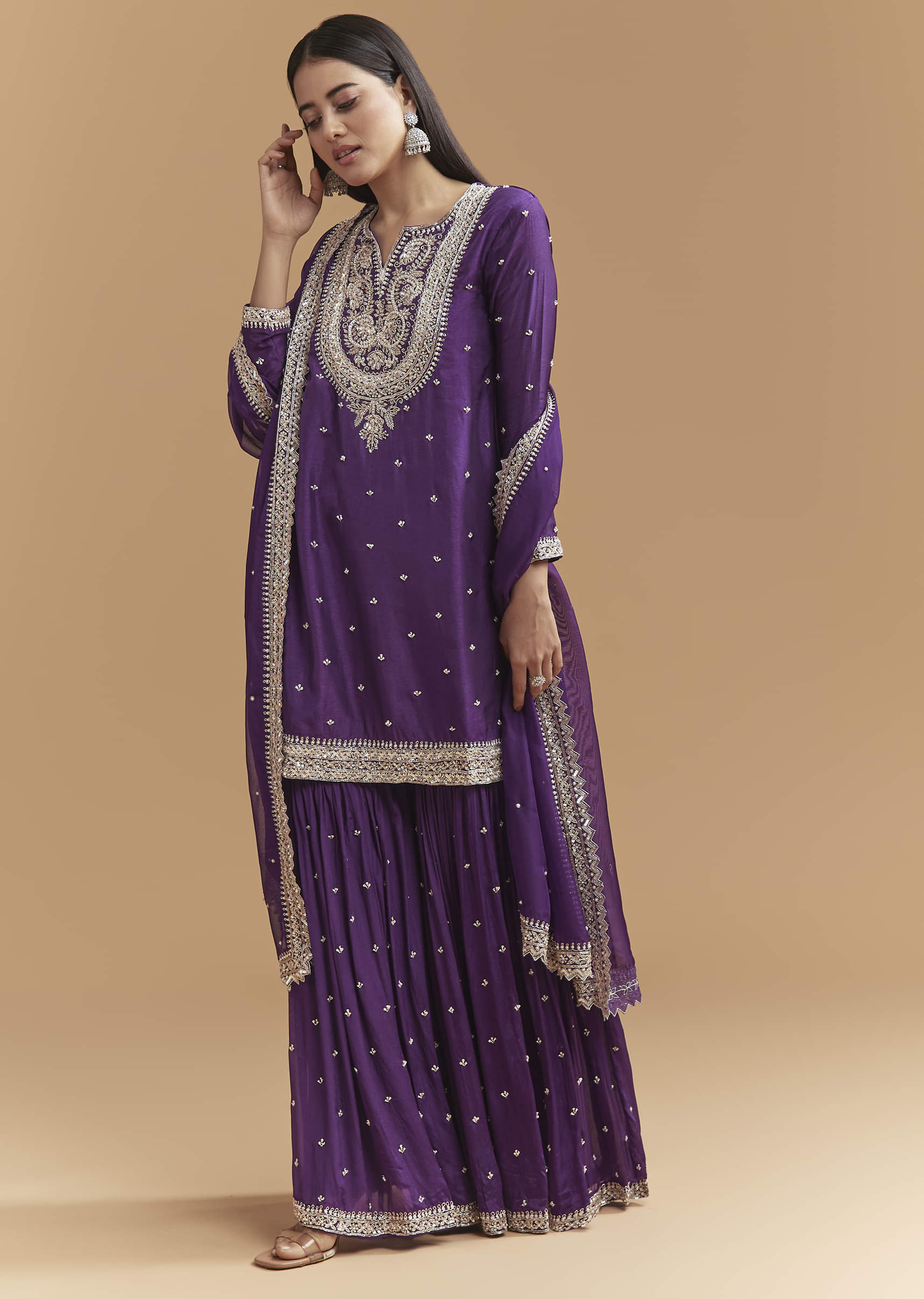 Purple Silk Sharara Suit With Heavy Hand Embroidery - Image 3