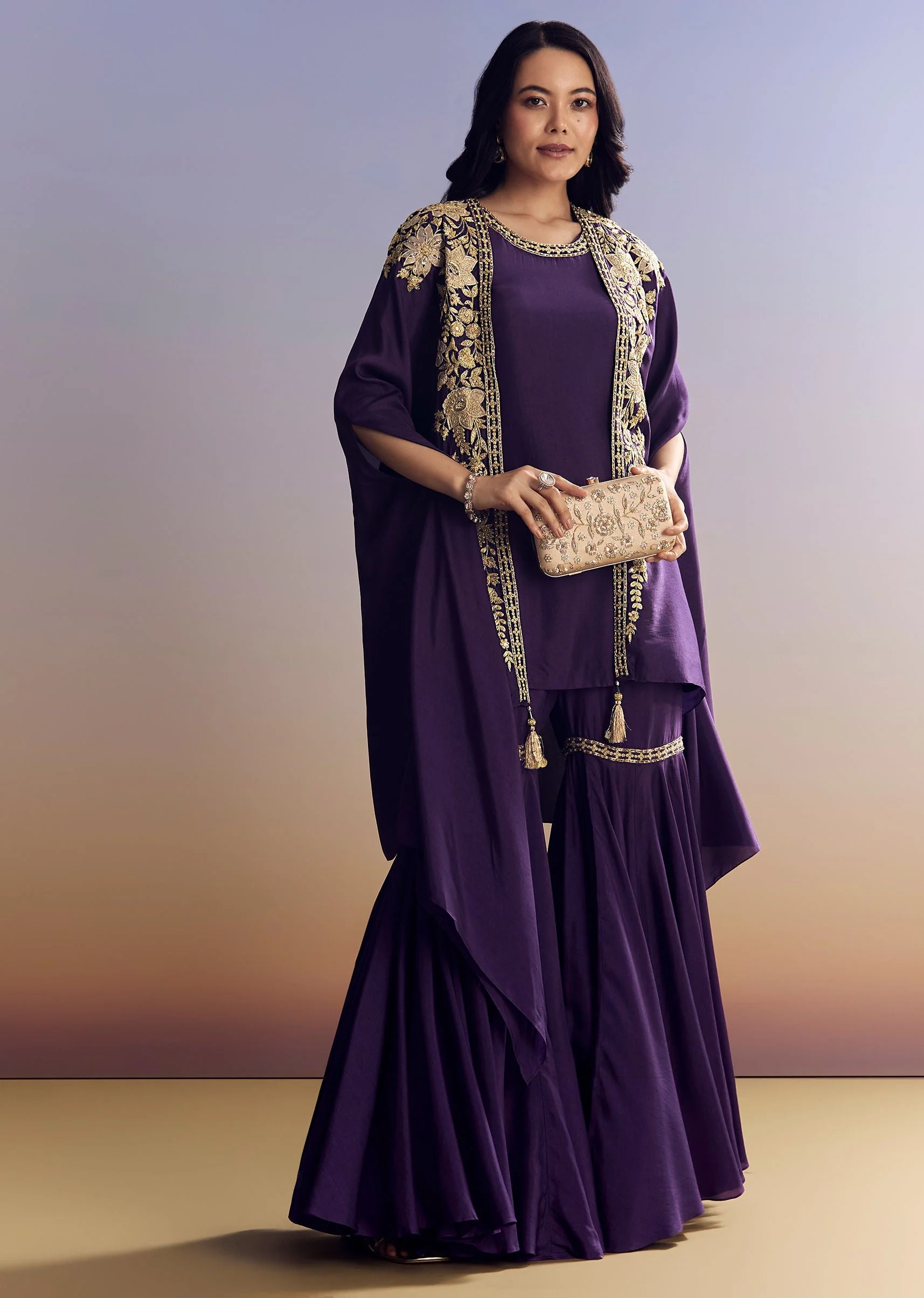 Purple Silk Sharara With Zari Cape - Image 3