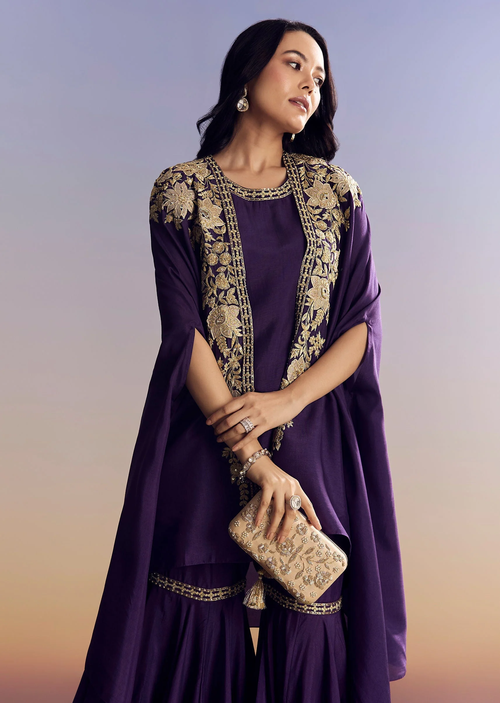 Purple Silk Sharara With Zari Cape - Image 4
