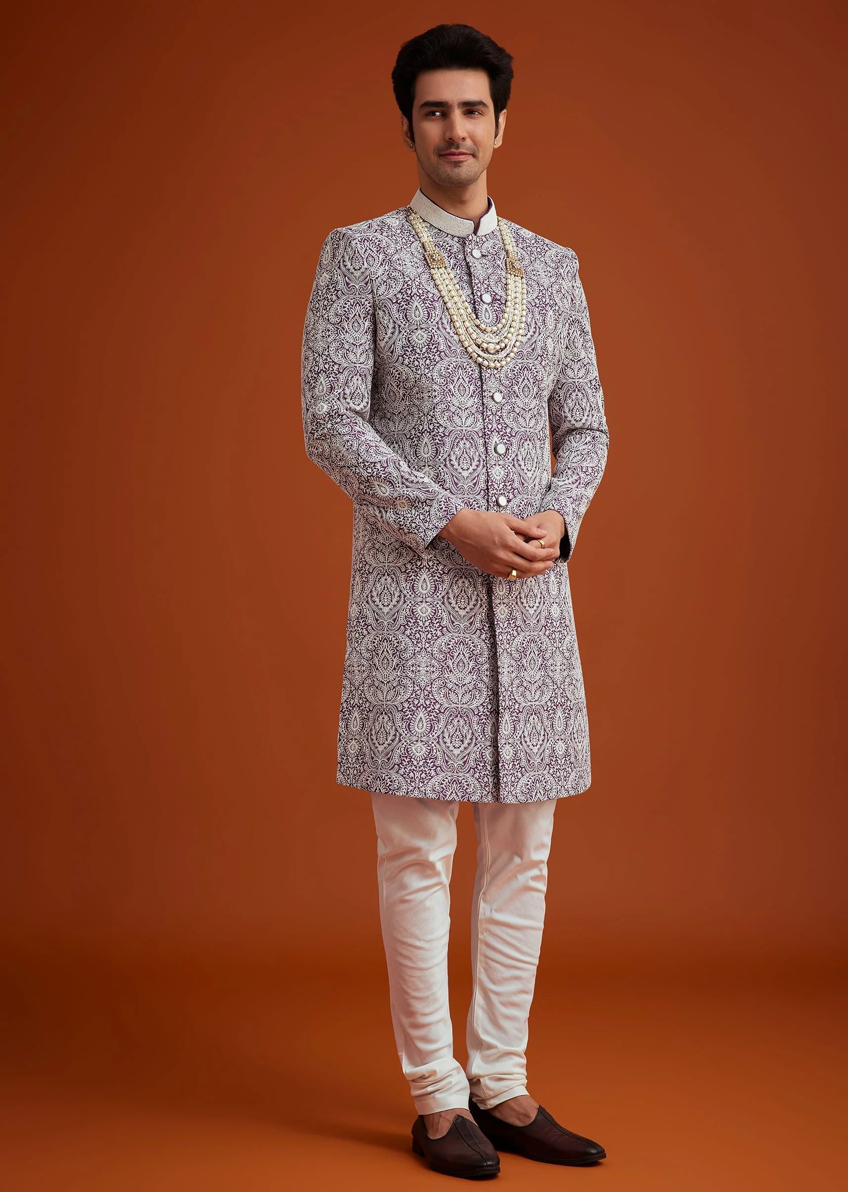 Purple Silk Sherwani Set With Bead Work - Image 5