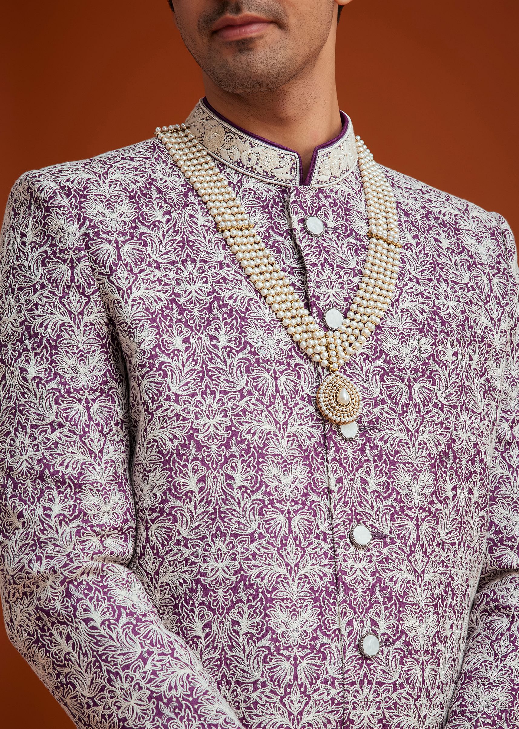 Purple Silk Sherwani Set With Bead Work And Embroidery - Image 2