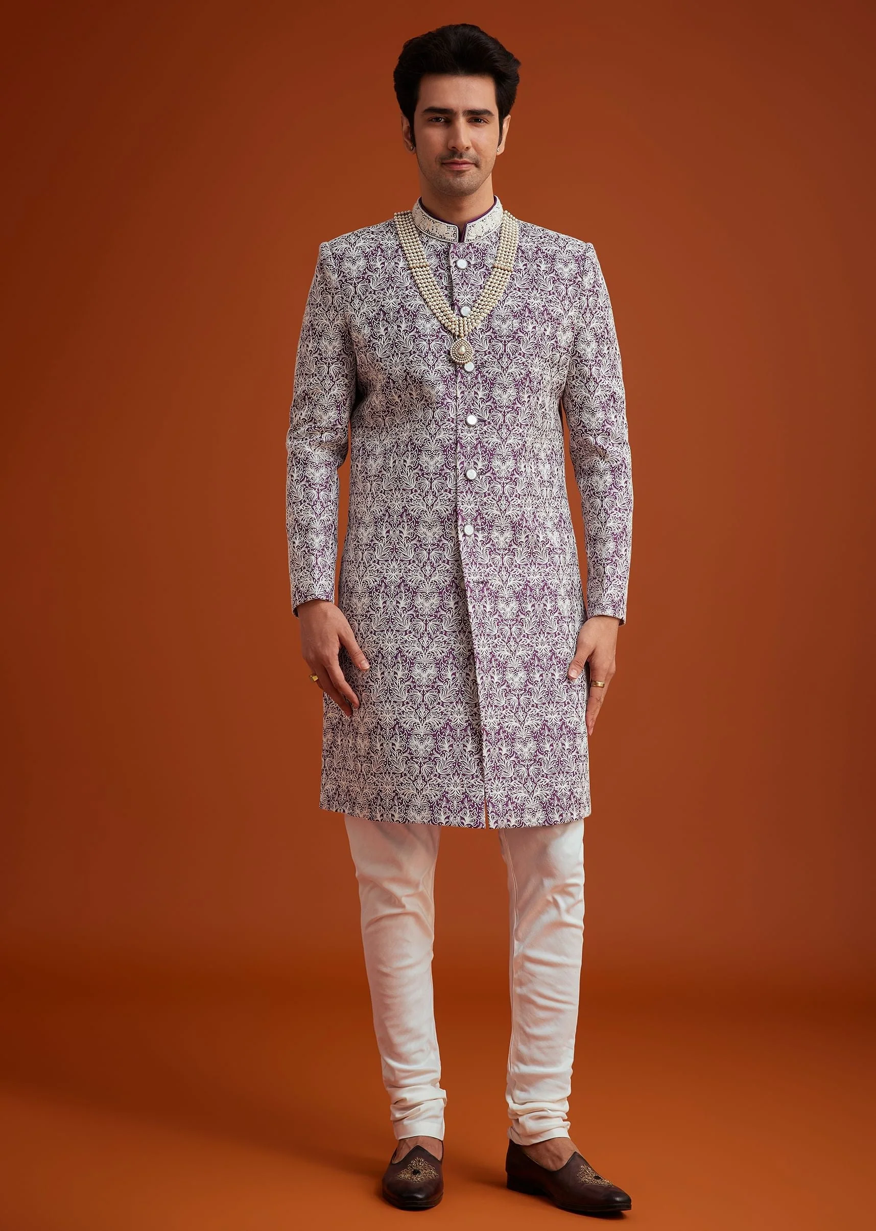 Purple Silk Sherwani Set With Bead Work And Embroidery - Image 3