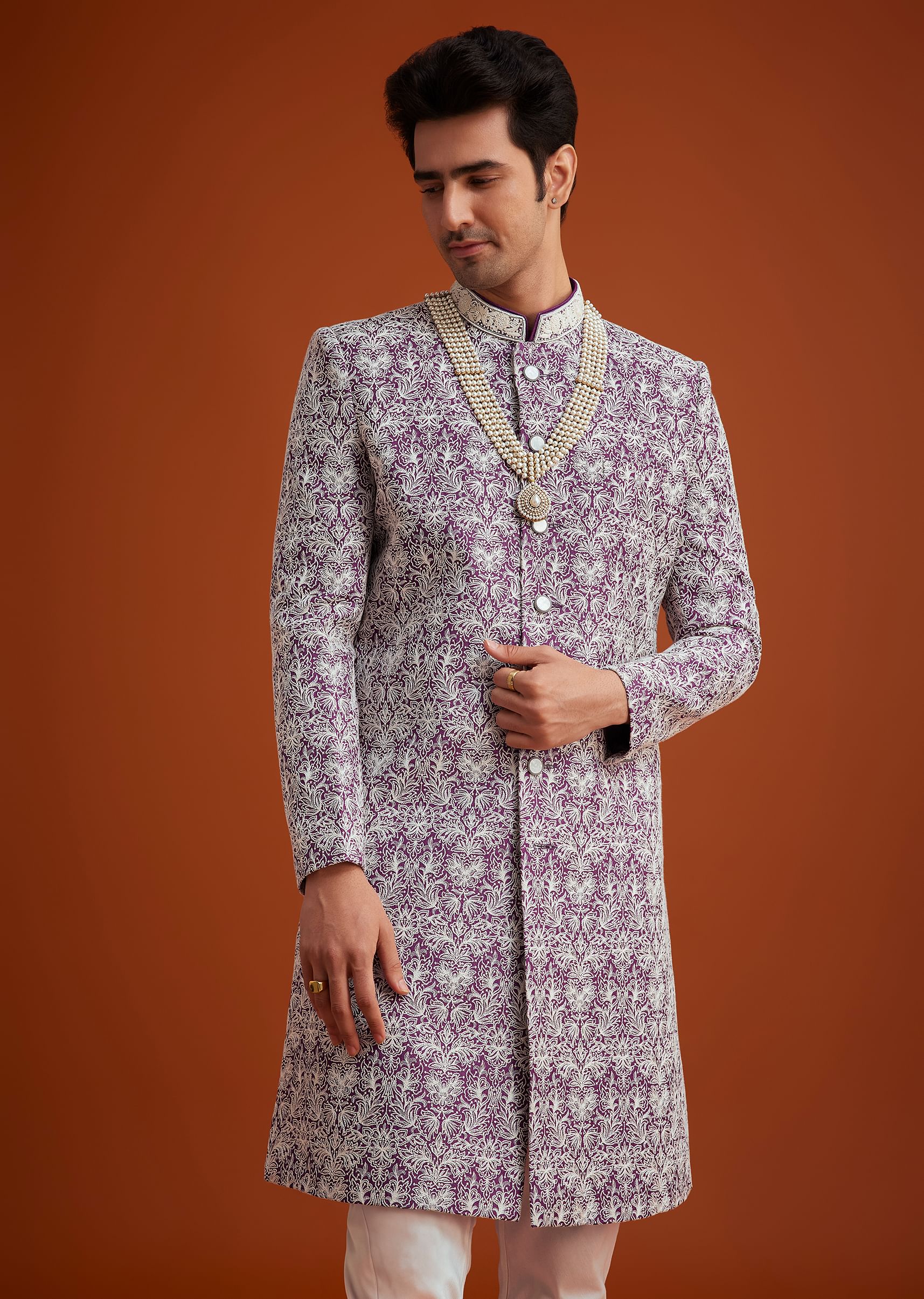 Purple Silk Sherwani Set With Bead Work And Embroidery - Image 4
