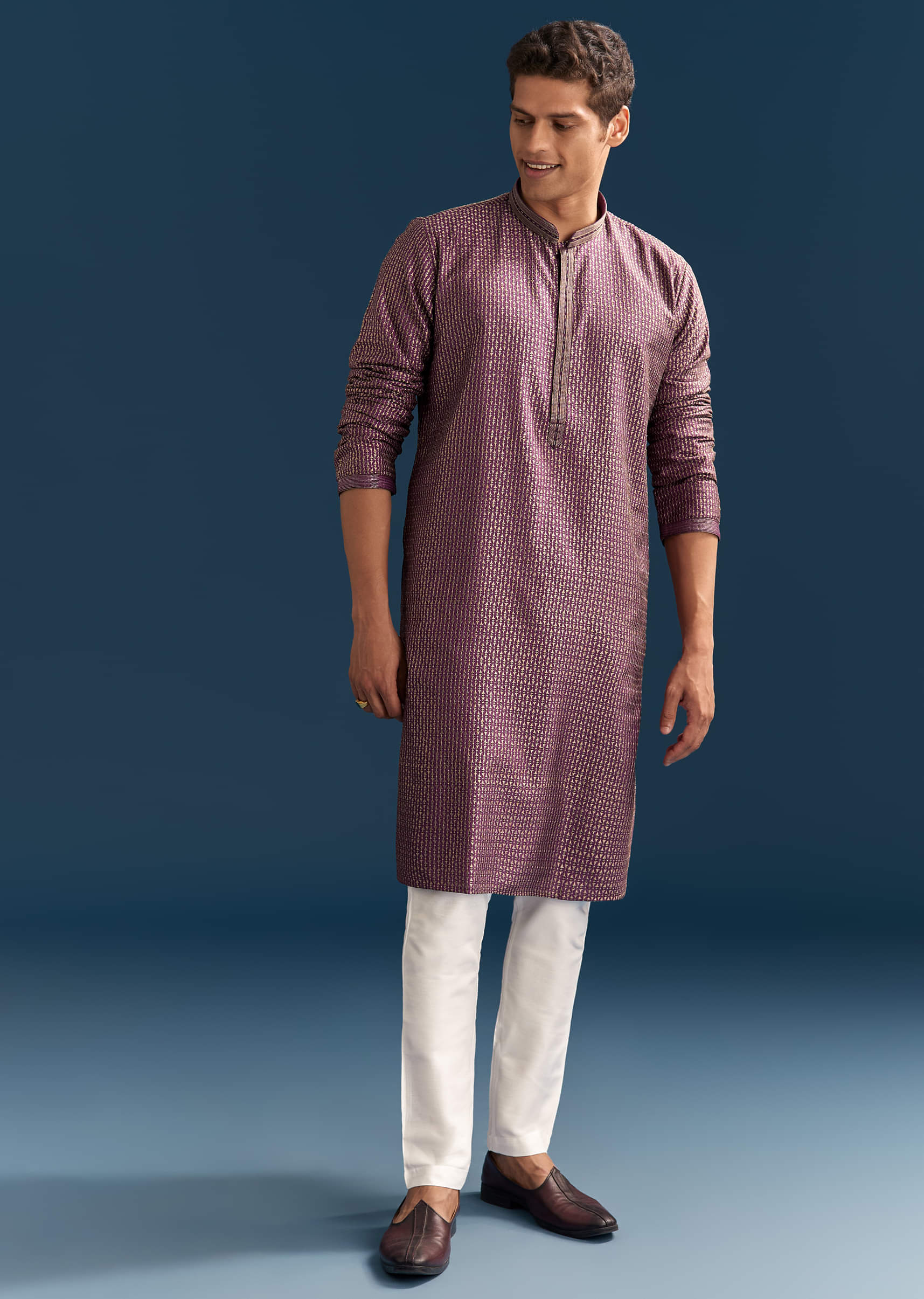 Purple Silk Textured Kurta Set For Men With Embroidery - Image 3
