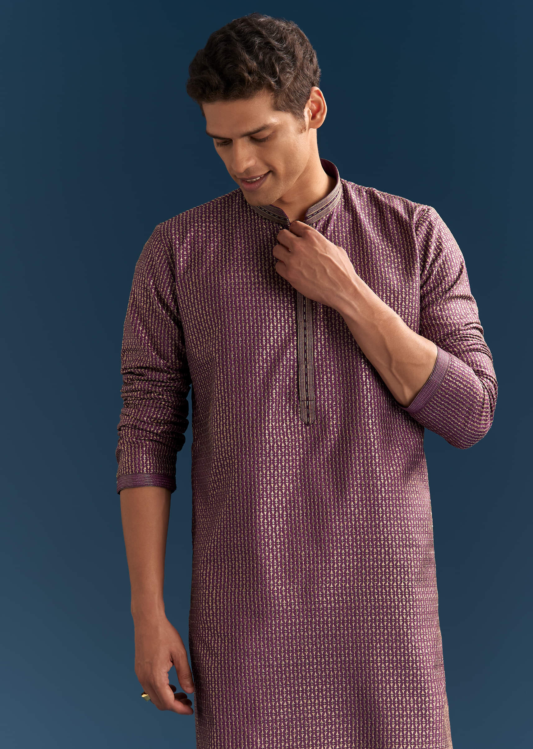 Purple Silk Textured Kurta Set For Men With Embroidery - Image 4